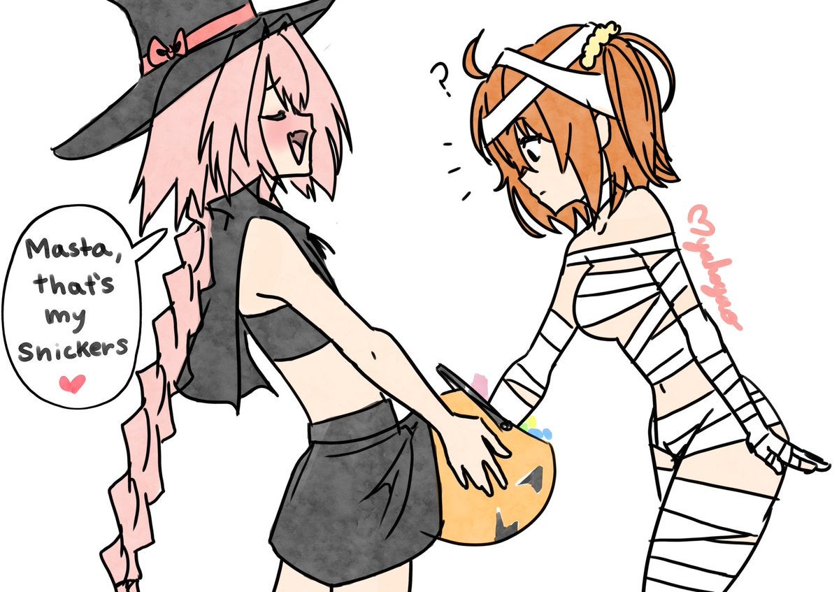 1boy 1boy1girl 1girls ? astolfo_(fate) blush confused convenient_censoring cosplay dick_in_a_box fate/grand_order fate_(series) female femboy femboy_on_female halloween_costume holding_penis male mummy_costume myahogao orange_hair pink_hair pumpkin side_view straight trap trick_or_treat witch_hat