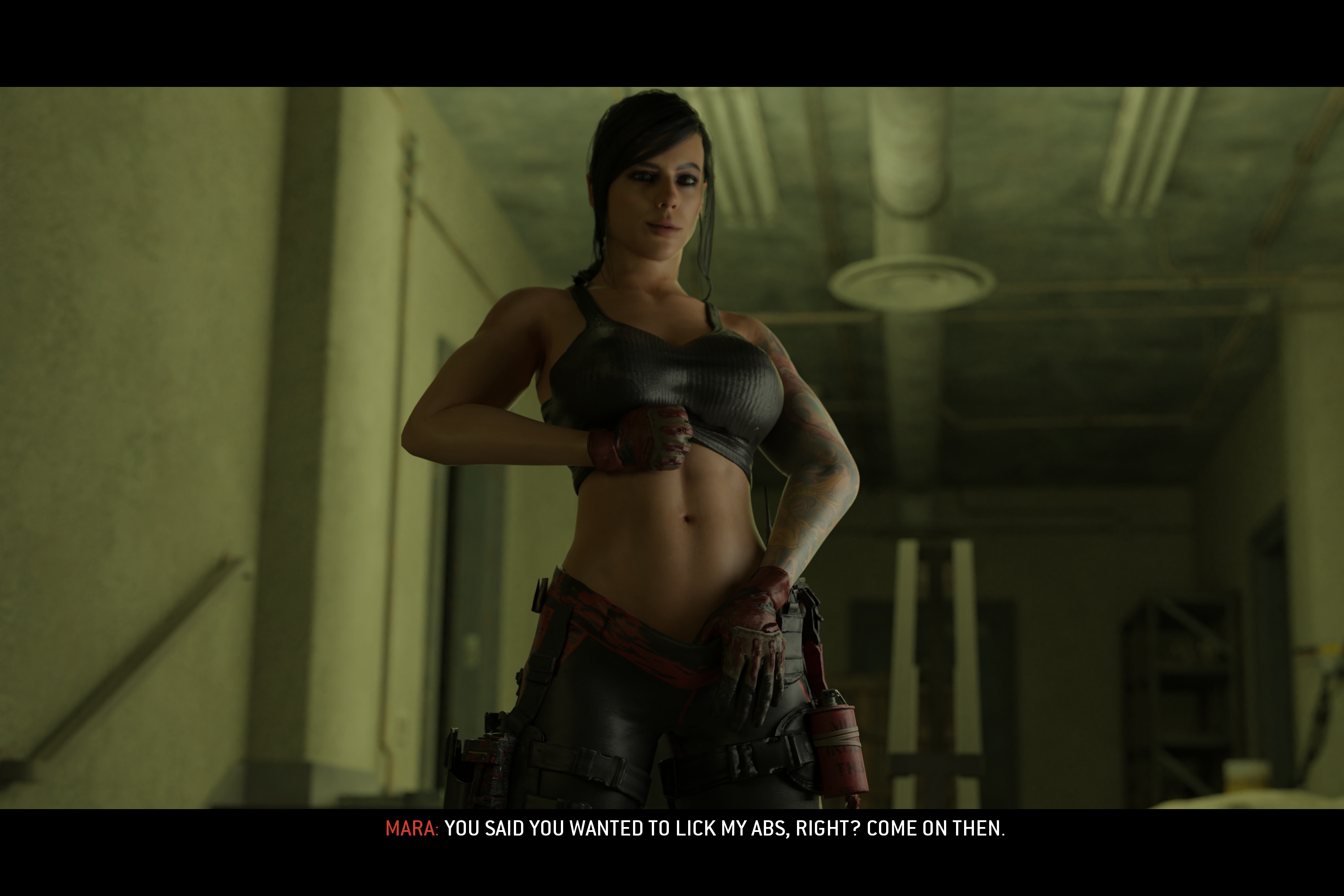 1girls, 3d, abs, bolt on tits, braided hair, breast implants, brown hair, call of duty, call of duty modern warfare (2019), dialogue, emberstock, enhanced breasts, fake breasts, female, female only, inviting, latina, mara (cod), midriff, muscular, muscular arms, muscular female, muscular thighs, navel, pulling down pants, silicone, silicone implants, solo, solo female, sports bra, subtitled, tank top, tattoo, tattooed arm, text, tied hair