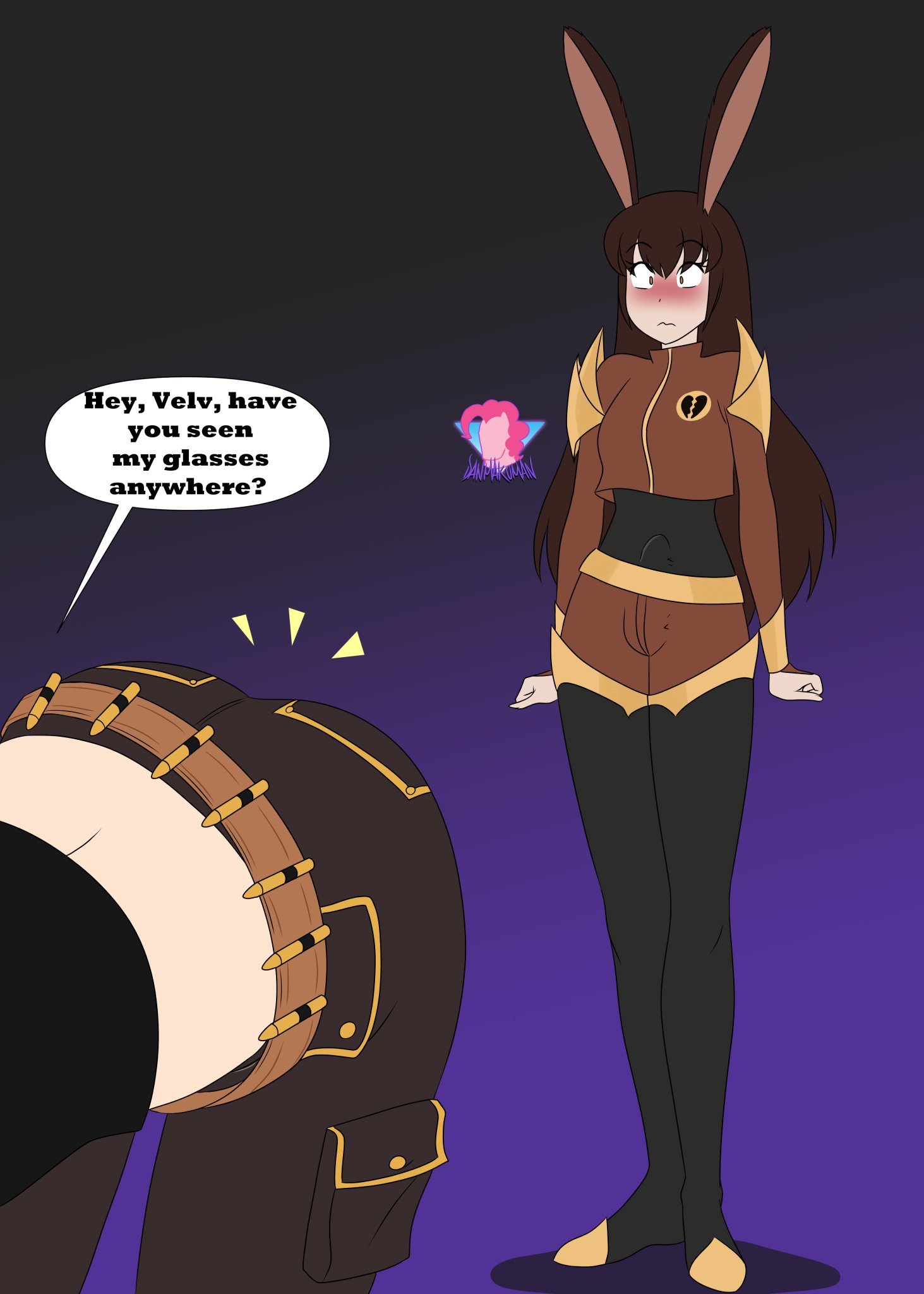 1futa, 1girls, animal ears, ass, ass up, belt, bent over, blush, broken heart, brown eyes, brown hair, bulge, bullet, clothed, clothing, coco adel, danmakuman, duo, english text, faunus, female, full body, fully clothed, futanari, high resolution, humanoid, intersex, jeans, kemonomimi, long ears, long hair, long legs, rabbit ears, rooster teeth, rwby, solo focus, standing, text, velvet scarlatina, wide eyed