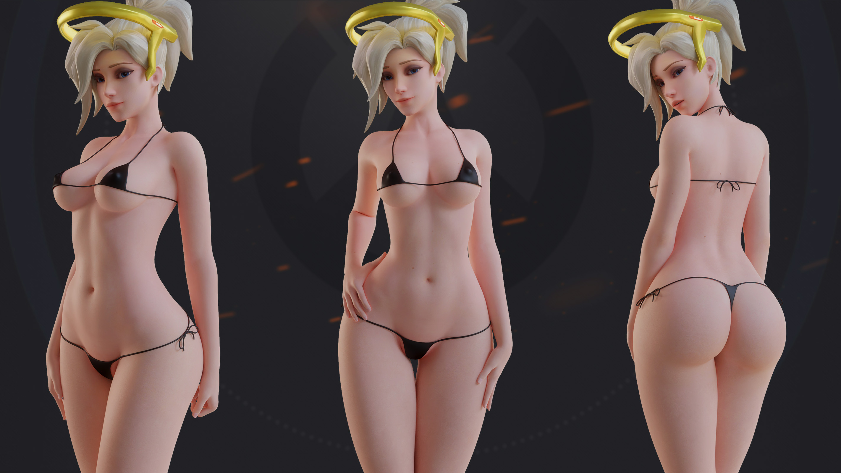 1girls, 3d, arhoangel, ass, big ass, blender, female, female only, looking at viewer, looking back, mercy, micro bikini, overwatch, pinup, solo, thong, thong bikini