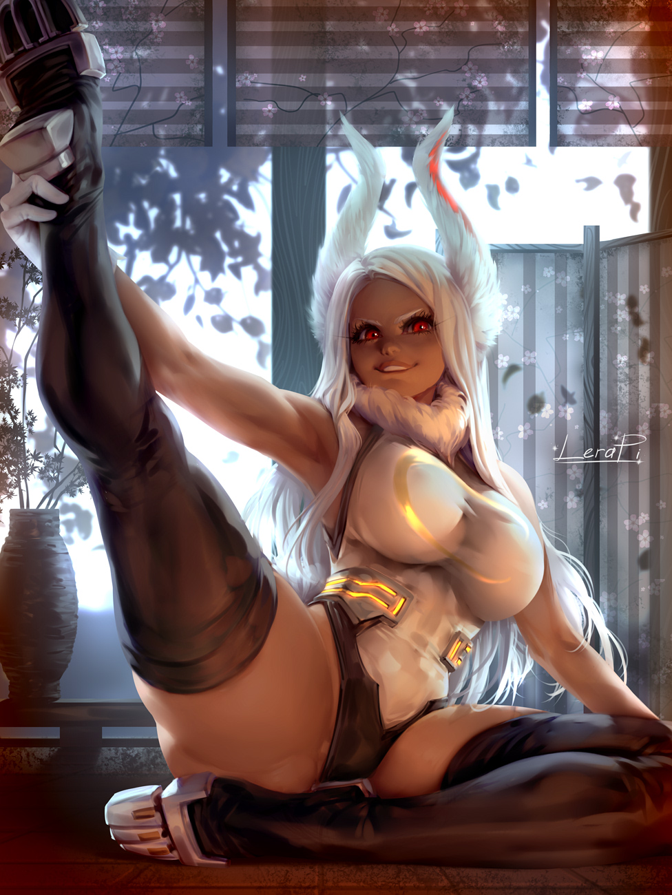 1girls, big breasts, breasts, dark skin, dark-skinned female, female, female only, fully clothed, large breasts, lerapi, looking at viewer, miruko, my hero academia, rabbit humanoid, red eyes, rumi usagiyama, solo, spread legs, thighhighs, white hair