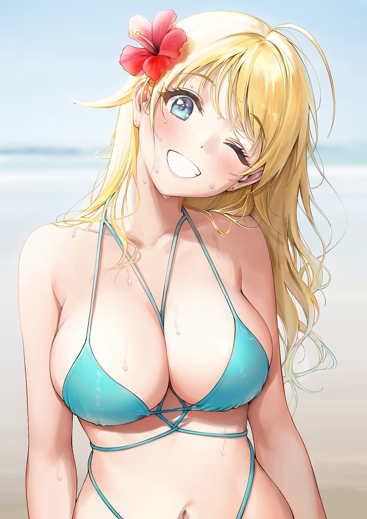 1girls ameyame beach bikini blonde_hair blue_bikini blue_eyes blue_swimsuit blush blushing cleavage female flower flower_in_hair hachimiya_meguru idolmaster idolmaster_shiny_colors large_breasts long_hair looking_at_viewer ocean one_eye_closed smile smiling solo swimsuit wet wet_hair wet_skin wink