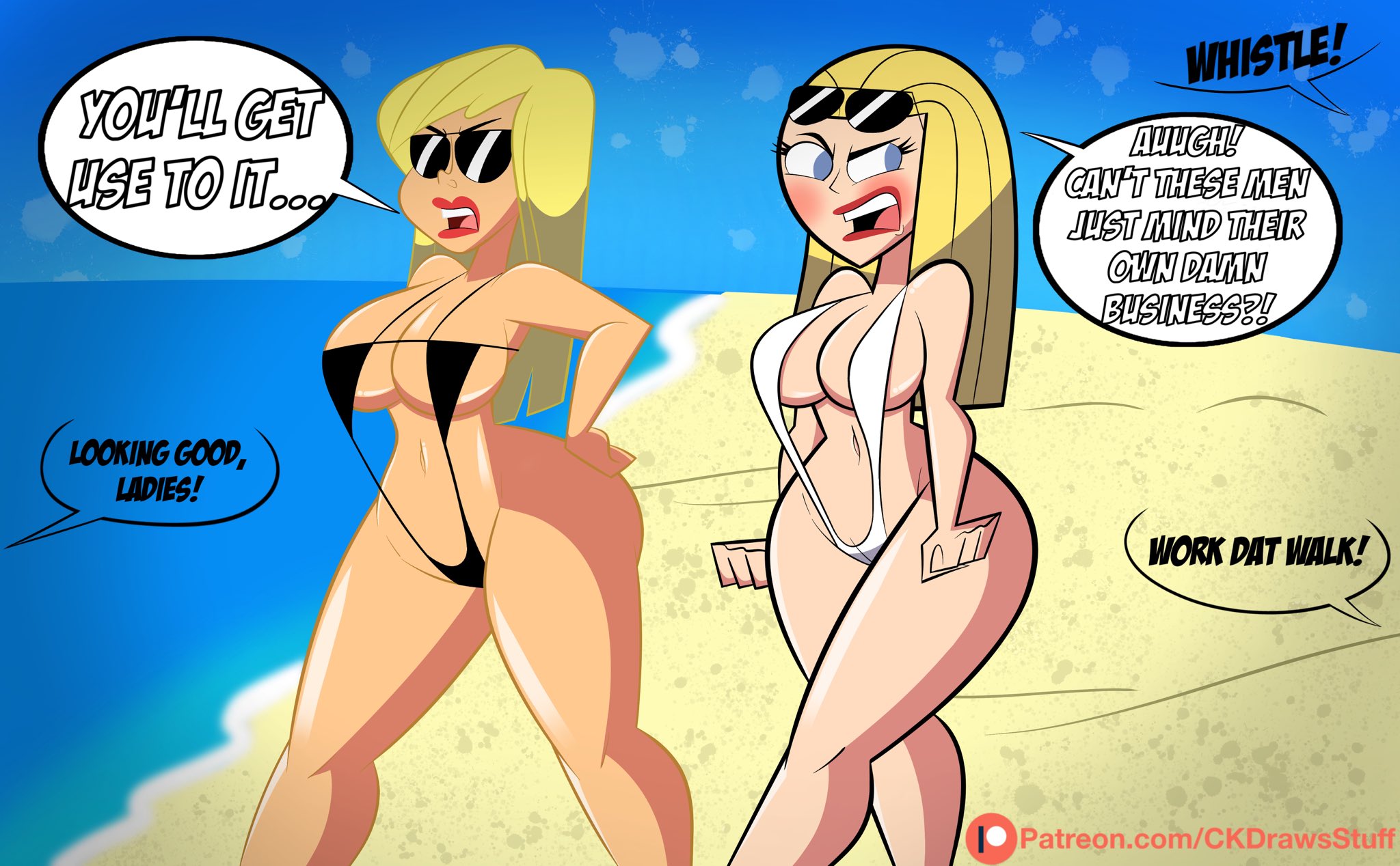 2girls, beach, bikini, blonde hair, blue eyes, carol (looney tunes), cartoon network, catcalling, codykins123, crossover, dialogue, female, female only, femme fatale (powerpuff girls), human, offscreen character, powerpuff girls, sling bikini, slingshot bikini, slingshot swimsuit, sunglasses, swimsuit, tagme, text, the looney tunes show, thick thighs, warner brothers
