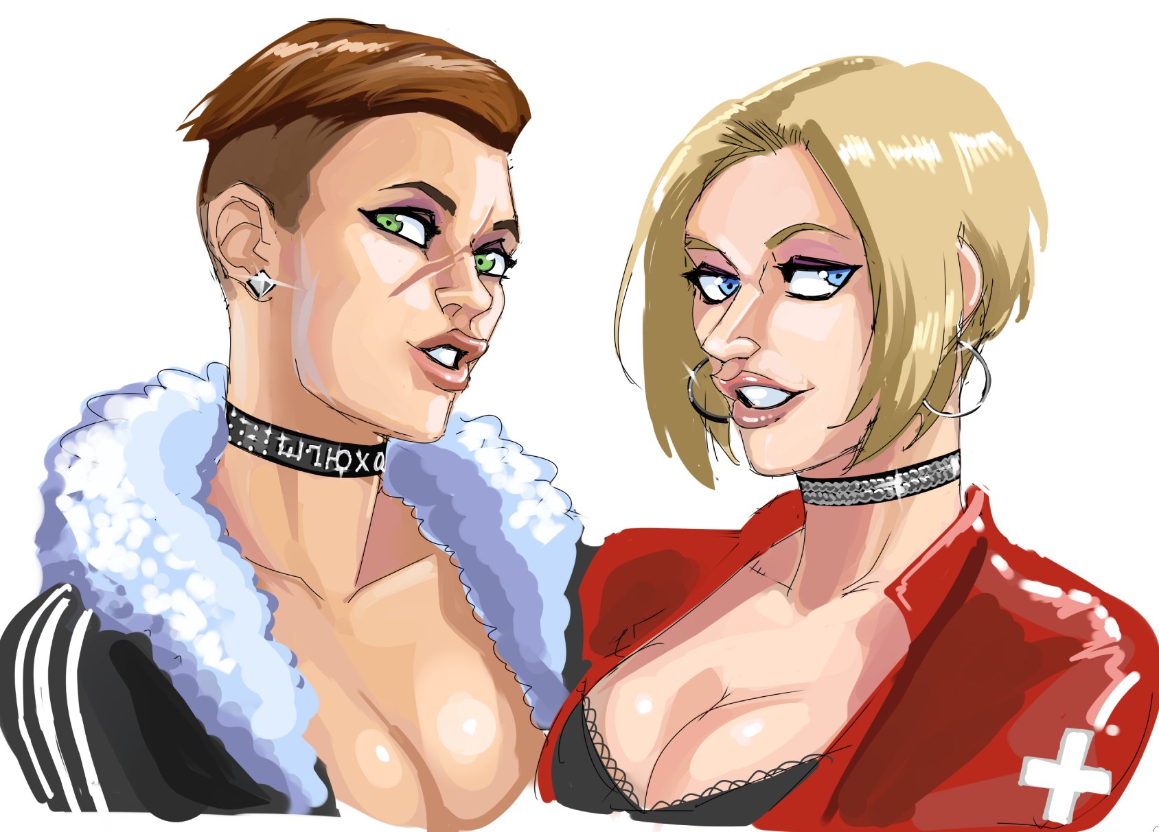 2girls, blonde female, blonde hair, bra, brown hair, choker, cleavage, earrings, female, finka (rainbow six), fur trim, hivethebastard, iq (rainbow six), milf, prostitution, rainbow six, rainbow six siege, tagme, tom clancy