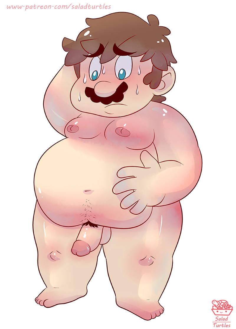 barefoot blue_eyes brown_hair chest color digital_media_(artwork) fat_man feet happy_trail male_only mario mario_(series) nintendo nipples nude nude_male overweight penis pubic_hair salad_pervert scratching_head solo solo_male standing sweat worried