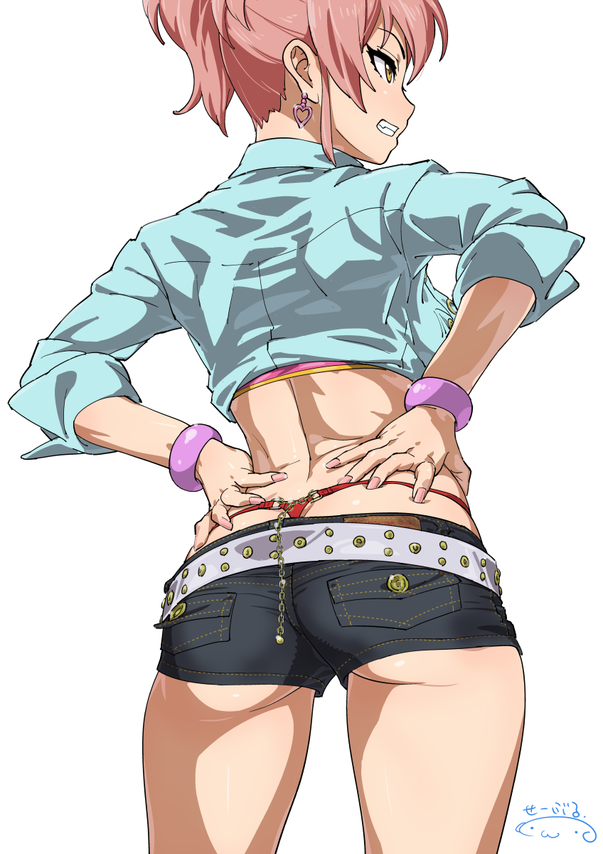 ass back belt blue_skirt bracelet breasts chains denim denim_shorts earrings eyelashes female female_only grin gyaru hands_on_hips heart heart_earrings highres hip_focus idolmaster idolmaster_cinderella_girls jewelry jougasaki_mika long_hair medium_breasts midriff nail_polish pink_hair pink_nails ponytail shirt short_shorts shorts sidelocks signature simple_background skirt smile solo solo_female suna thighs thong thong_above_shorts thong_straps tied_shirt whale_tail white_background yellow_eyes