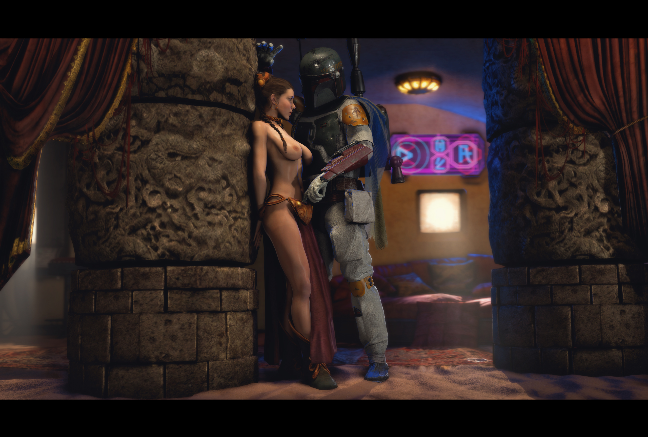 1boy, 1girls, 3d, armor, athletic, athletic female, bed, bedroom, big breasts, boba fett, boots, braid, breasts, brown hair, cheopsfm, clothed male nude female, clothing, clothing aside, collar, female, helmet, human, human only, imminent sex, jabba's palace, light skin, light-skinned female, loincloth, long hair, lucasfilm, male, mandalorian armor, mandalorian helmet, nipples, partially clothed, princess leia organa, return of the jedi, slave, slave bikini, slave collar, slave leia, standing, star wars, straight, topless, undressing