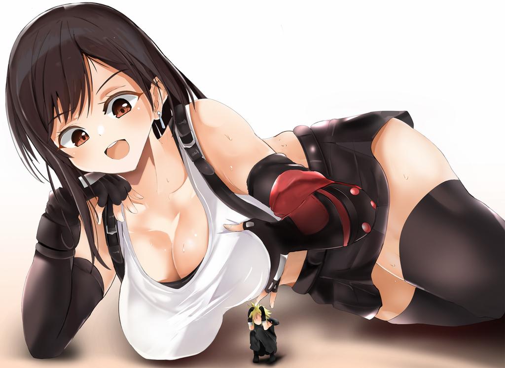 1boy, 1girls, alice-magic, breasts, cloud strife, female, female focus, final fantasy, final fantasy vii, giantess, holding breast, human only, larger female, macro, male, scared, size difference, smaller male, tanktop, teasing, thighhighs, tifa lockhart