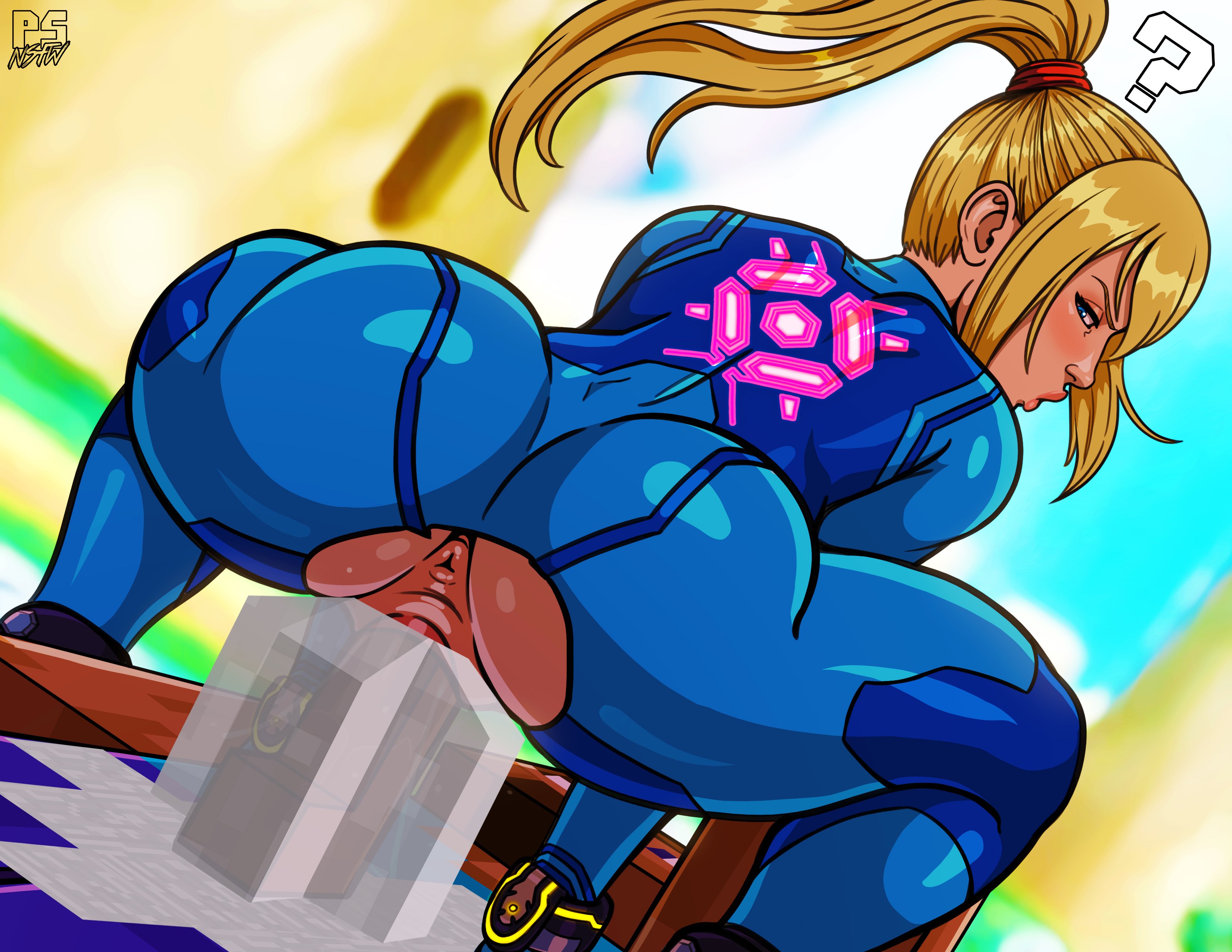 1boy, 1girls, ass, big ass, blonde hair, bubble butt, cowgirl position, crossover, cum, cum in pussy, cum inside, dark skin, dark-skinned male, erection, female, looking back, male, metroid, minecraft, minecraft water physics, nintendo, nude, penetration, penis, ponytail, pumpkinsinclair, pussy, samus aran, sex, steve (minecraft), straight, super smash bros., super smash bros. ultimate, vaginal penetration, zero suit, zero suit samus