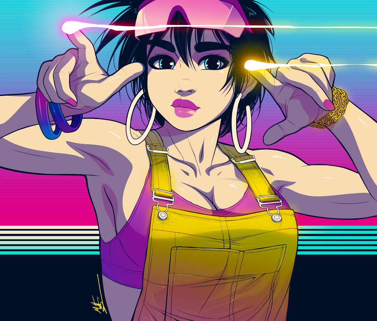 1girls, 2020, armpits, arms up, athletic, athletic female, big breasts, black hair, blue eyes, bracelet, breasts, busty, cleavage, earrings, eyeshadow, female, female focus, female only, hair, hourglass figure, jubilation lee, jubilee, lipstick, looking at viewer, makeup, marvel, marvel comics, mascara, msperoni, mutant, nail polish, overalls, pinup, pinup pose, pose, posing, short hair, solo, sports bra, sunglasses, sunglasses on head, superheroine, tagme, triplexmile, wide hips, x-men