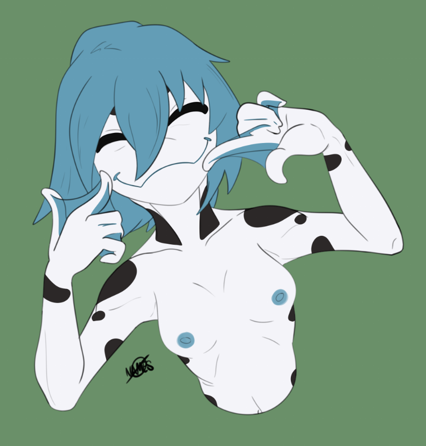 amazon_milk_frog amphibian anthro aria_whittemore blue_hair blue_nipples breasts closed_eyes female finger_on_cheeks frog hair happy membrane_(anatomy) navel nipples novacantnames nude pale_skin short_hair small_breasts smile solo spots tree_frog webbed_hands white_body