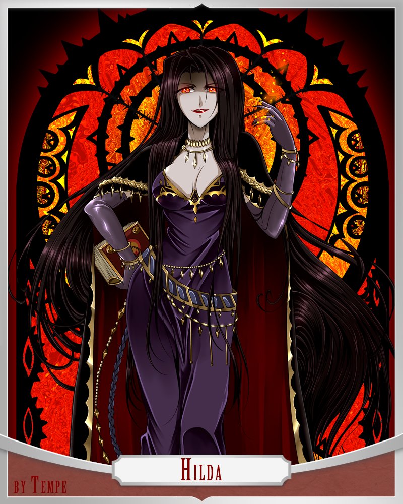 artist_name black_background book bracelet breasts brown_hair cape cleavage dress female fire_emblem fire_emblem:_genealogy_of_the_holy_war full_body gloves hilda_(fire_emblem) jewelry lipstick long_hair makeup medium_breasts necklace nintendo red_eyes simple_background tempe very_long_hair