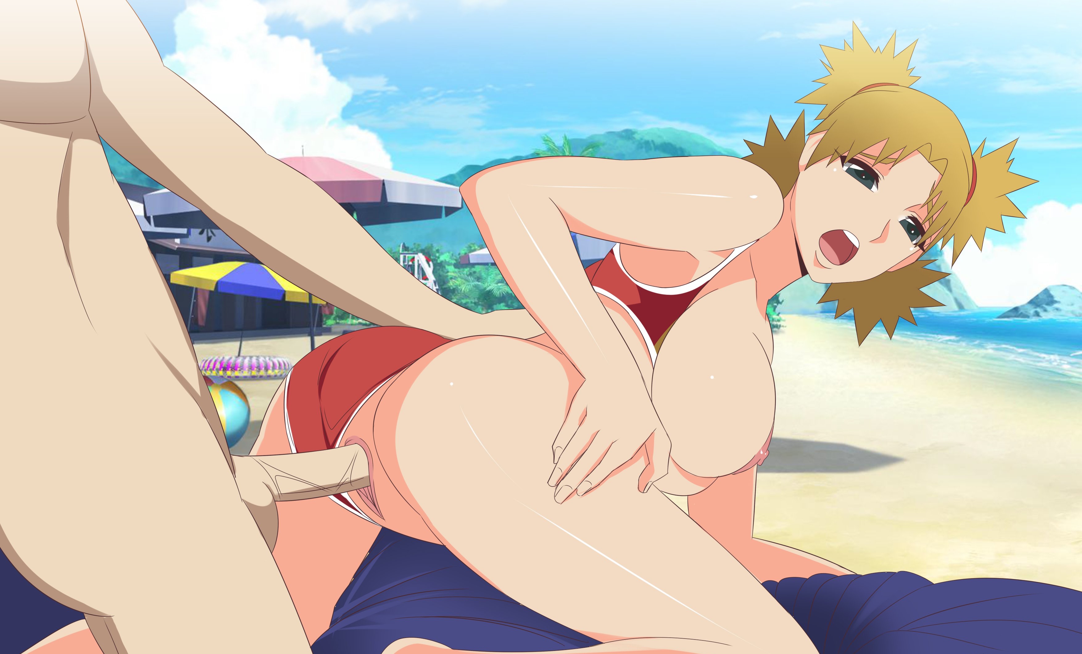 1boy, 1girls, areolae, ass, barefoot, beach, big breasts, bikini, bikini aside, blonde hair, breasts, breasts out, clothed, clothed female, clothed female nude male, doggy style, faceless male, feet, female, green eyes, kneeling, large breasts, long hair, looking at viewer, looking back, male, moaning, naruto, naruto (series), naruto shippuden, nipples, ocean, on knees, open mouth, outdoors, penetration, penis, pussy, quad tails, sand, sex, straight, swimsuit, swimsuit aside, temari, tied hair, umbrella, vagina, vaginal, vaginal penetration, vaginal sex, water, young
