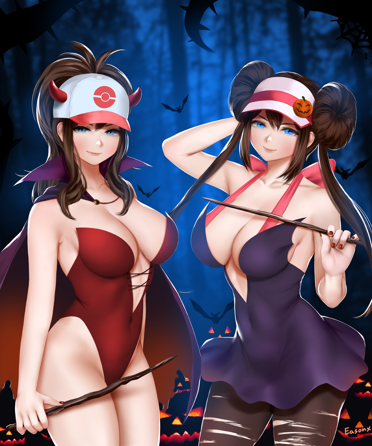 2girls, big breasts, breasts, cleavage, easonx, female, female only, halloween, hilda (pokemon), large breasts, nintendo, pokemon, pokemon bw, pokemon bw2, rosa (pokemon)