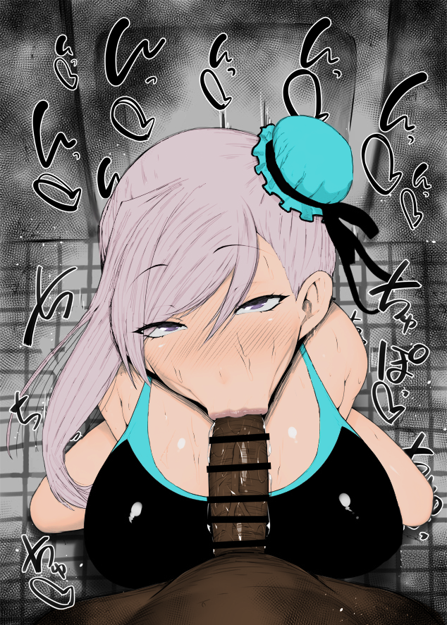 :>=, 1boy, 1girls, bangs, bar censor, black penis, blush, breasts, bun cover, censored, clothed female, clothed female nude male, color, colored, competition swimsuit, dark skin, dark-skinned male, eyebrows visible through hair, fate (series), fate/grand order, fellatio, female, female focus, from above, fully clothed, hair bun, heart, indoors, interracial, kurotama, large breasts, looking at viewer, male, miyamoto musashi (fate), miyamoto musashi (swimsuit berserker), one-piece swimsuit, oral, penis, pointless censoring, pov, pov male, solo focus, sound effects, speed lines, squatting, straight, swimsuit, tile floor, tiles, toilet
