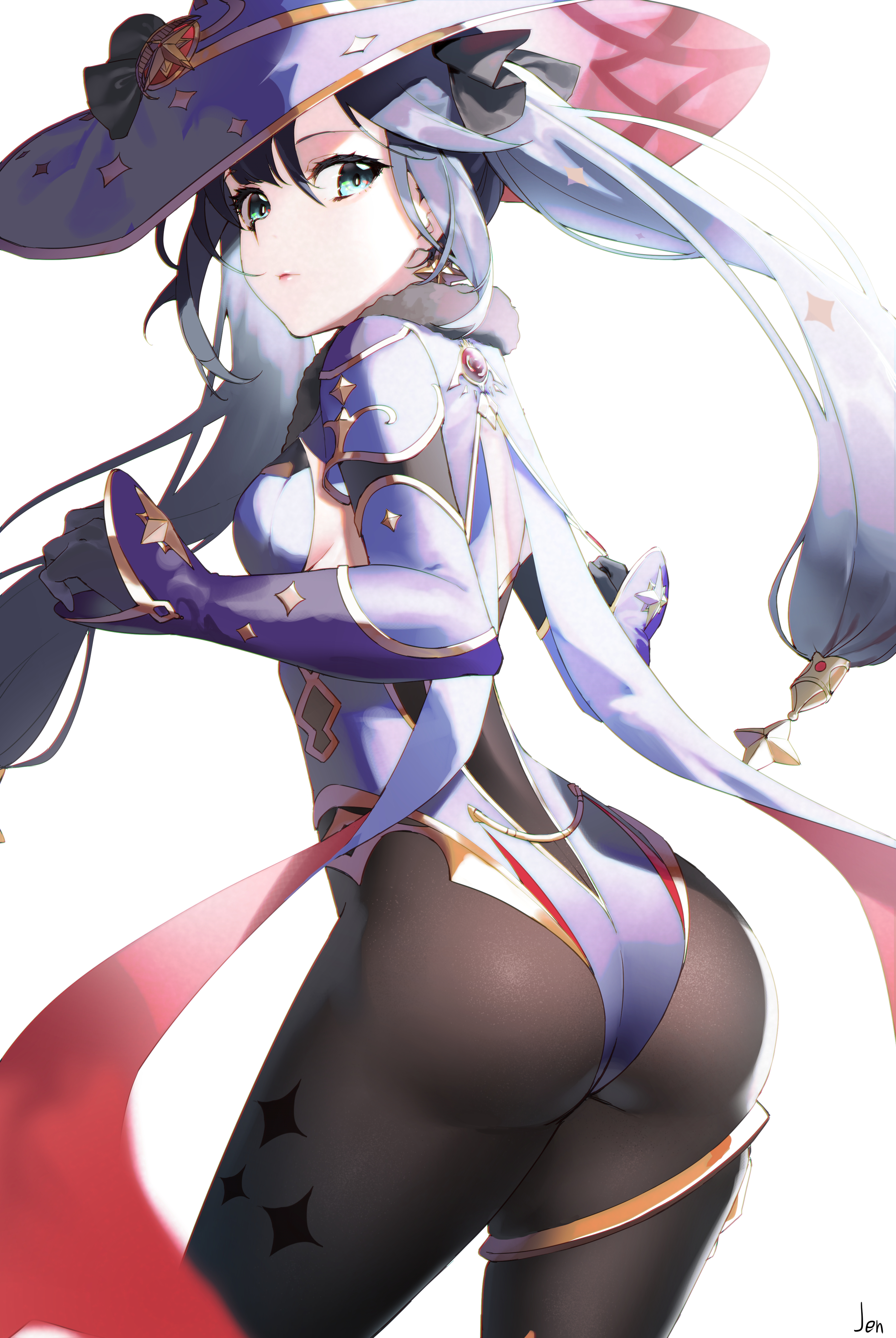 absurdres, aqua eyes, arjent, ass, bangs, black gloves, black legwear, breasts, cape, closed mouth, cowboy shot, detached collar, earrings, female, from behind, fully clothed, fur collar, genshin impact, gloves, hat, highres, jewelry, leotard, long hair, long sleeves, looking at viewer, looking back, mona (genshin impact), pantyhose, purple cape, purple hair, purple headwear, purple leotard, sideboob, simple background, small breasts, smile, thighlet, twintails, very long hair, white background, witch hat