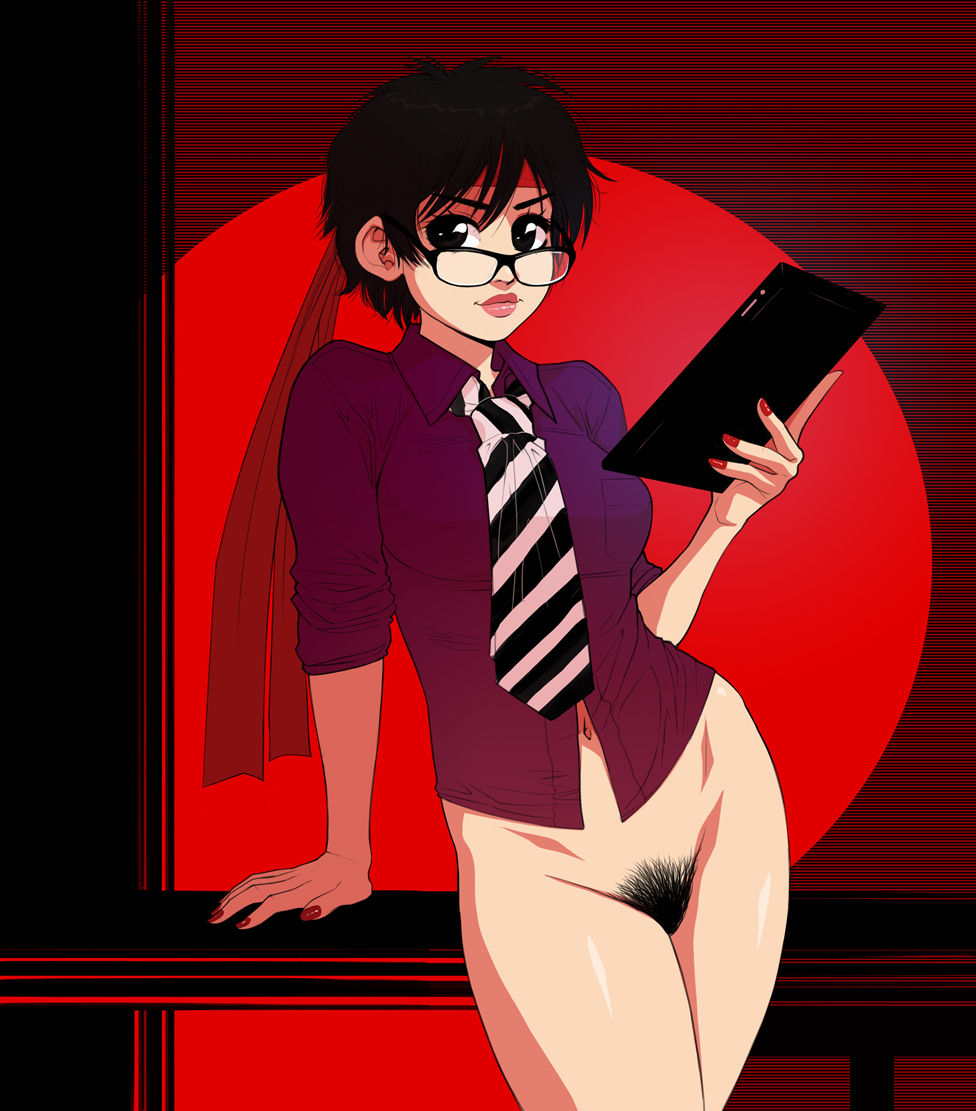 1girls, alternate costume, bandana, big breasts, black eyes, black hair, blouse, bottomless, breasts, busty, capcom, casual nudity, eyelashes, eyeliner, eyewear, female, female focus, female only, female pubic hair, glasses, hairy pussy, hi res, hourglass figure, lipstick, looking over glasses, makeup, megane, msperoni, nail polish, navel, office, office lady, pinup, pinup pose, pose, posing, pubic hair, pussy, sakura kasugano, shirt, short hair, sleeves rolled up, solo, standing, street fighter, tablet, tagme, tie, tomboy, triplexmile, vagina, wide hips