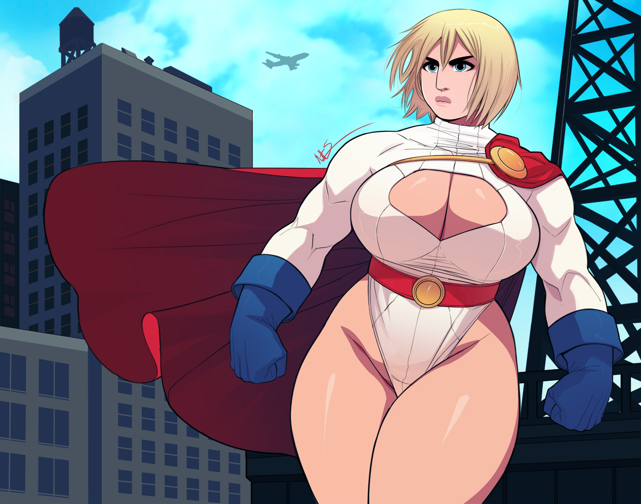 biceps, big breasts, blonde hair, blue eyes, breasts, curvaceous, curvy, dc, dc comics, female, female focus, female only, huge breasts, kara zor-l, karen starr, large breasts, msperoni, muscular, pose, posing, power girl, short hair, solo, superman (series), tagme, thick thighs, triplexmile, voluptuous