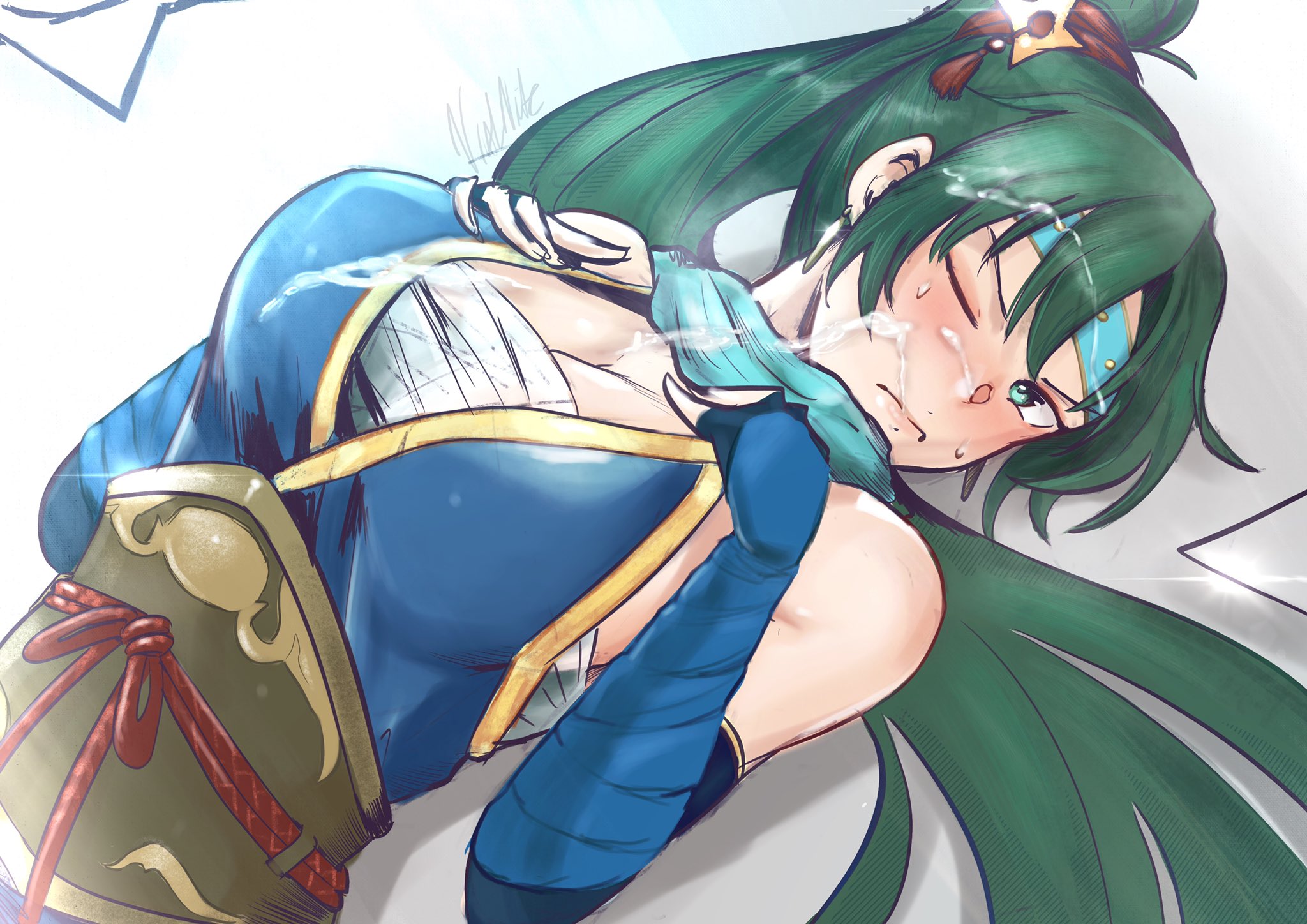 1girls, alternate costume, angry, bangs, bare shoulders, blue dress, blush, breasts, cleavage, clothed, cum, cum on body, cum on breasts, cum on clothes, cum on face, cum on hair, detached sleeves, dress, earrings, english commentary, facial, female, female focus, fingerless gloves, fire emblem, fire emblem heroes, fire emblem: the blazing blade, gloves, gold trim, green eyes, green hair, hair ornament, hands over breasts, headband, high ponytail, highres, jewelry, large breasts, lens flare, long hair, looking up, lying, lyn (fire emblem), lyndis (fire emblem), ninja, on back, one eye closed, ponytail, sarashi, scarf, sidelocks, signature, solo, sweatdrop, unamused, upper body, vialnite