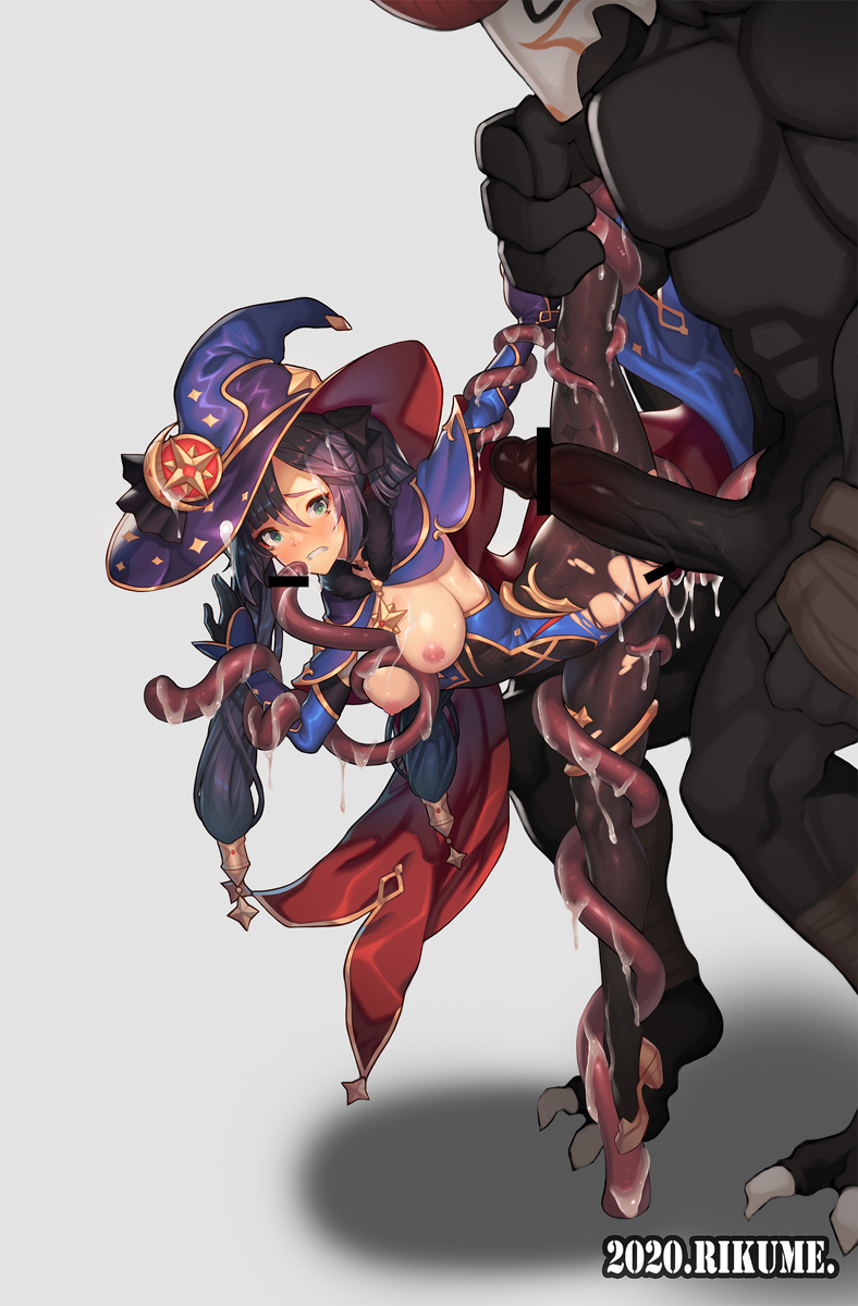 bodysuit, censored, claws, cum in pussy, female, genshin impact, hilichurls (species), leg grab, leg lift, mask, mitachurl, mona (genshin impact), monster, pussy, rape, rikume, tentacle
