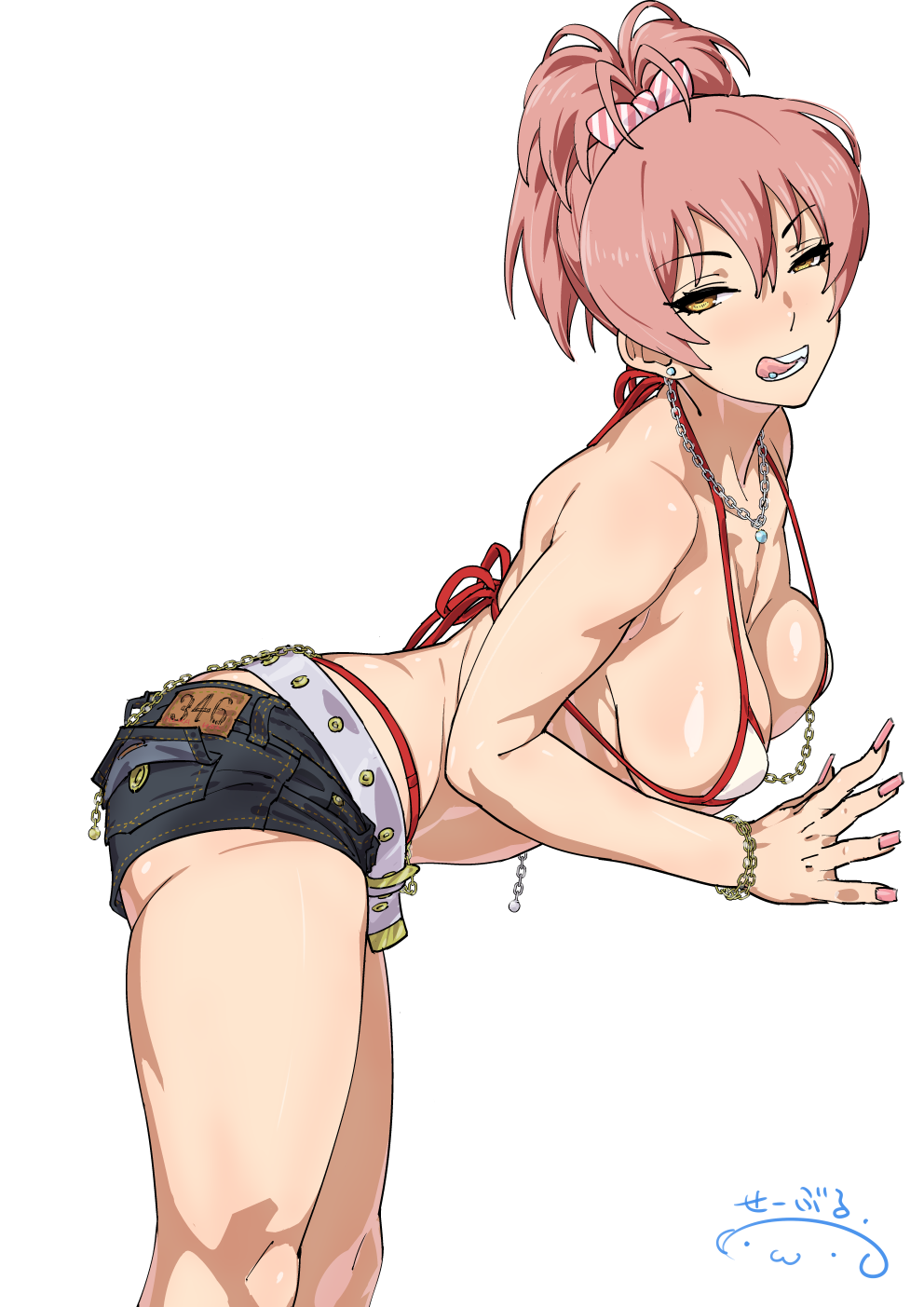 1girls ass bare_shoulders belt bent_over bikini blush breasts earrings female female_only gyaru half-closed_eyes highres idolmaster idolmaster_cinderella_girls jewelry jougasaki_mika licking_lips long_fingernails looking_at_viewer medium_breasts nail_polish navel_piercing necklace nipple_chain piercing pink_hair ponytail short_shorts shorts signature simple_background smile solo solo_female suna swimsuit teeth tongue tongue_out tongue_piercing white_background white_bikini yellow_eyes