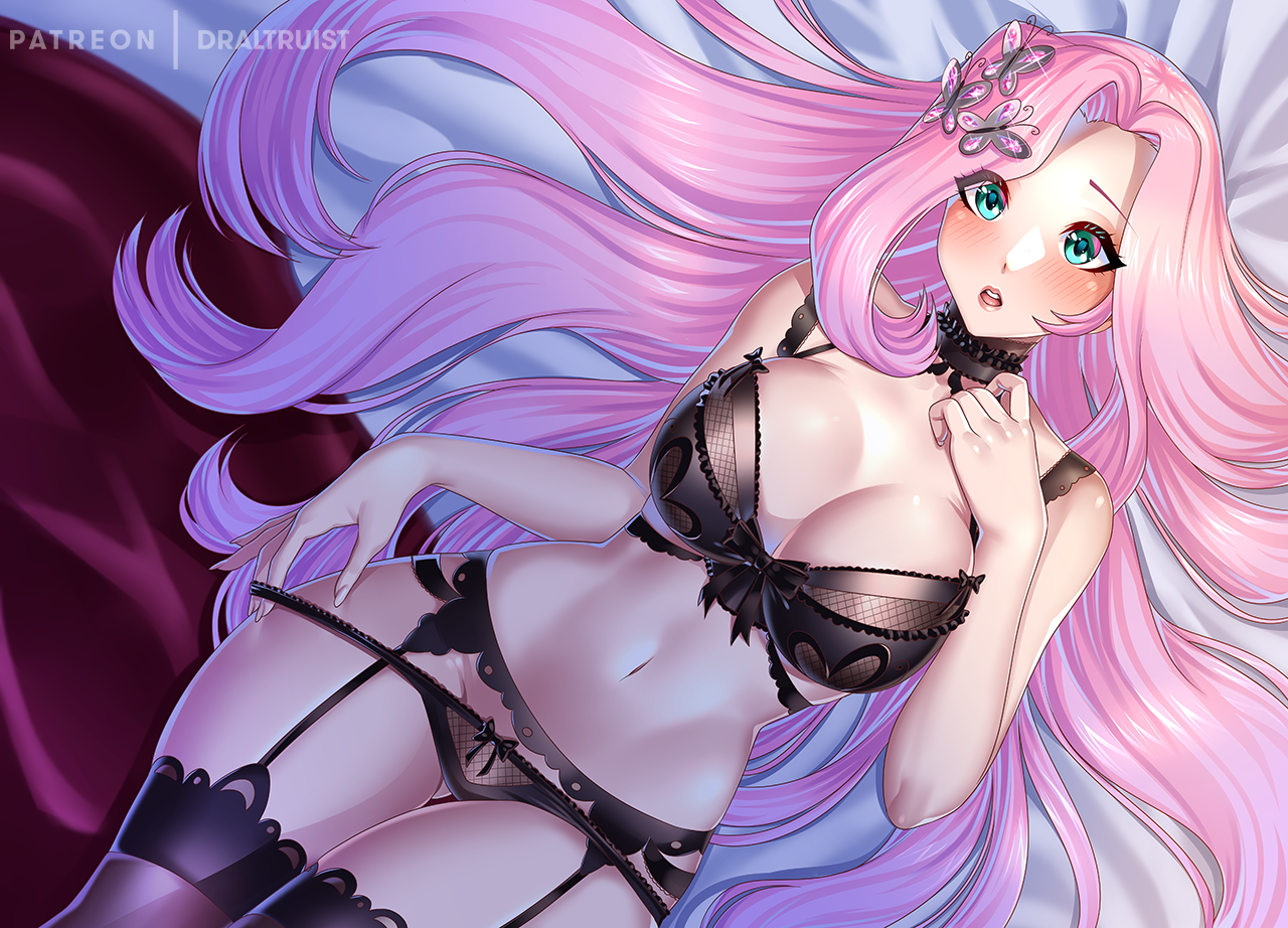 1girls, aqua eyes, bed, belly, blush, breasts, butterfly hair ornament, cleavage, curvy, draltruist, equestria girls, female, female only, fluttershy (eg), fluttershy (mlp), friendship is magic, garter belt, huge breasts, humanized, lingerie, long hair, looking at viewer, lying on bed, my little pony, navel, pink hair, stockings, straight hair, teenage girl, voluptuous