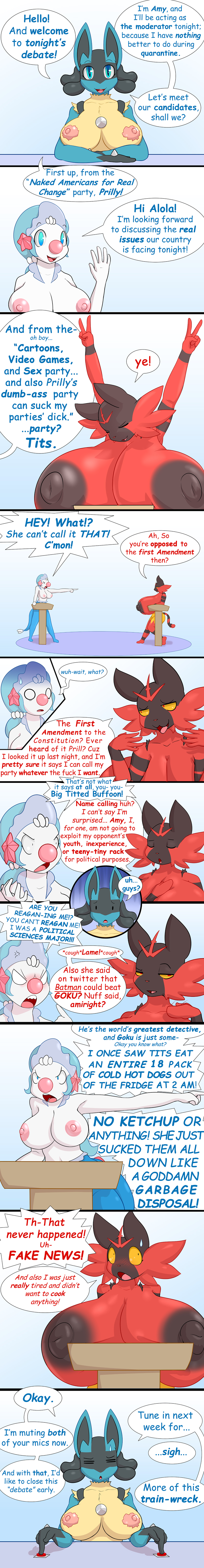 absurd_res angry anthro areola arguing big_breasts breasts button_(disambiguation) closed_eyes comic debates double_v embarrassed english_text female female_incineroar female_lucario fight gesture greeting group hi_res huge_breasts humor hyper hyper_breasts incineroar long_image lysergide male nintendo nipples podium pointing pokémon_(species) pokemon politics prilly_(lysergide) primarina smile speech_bubble straight tall_image text tits_(lysergide) v video_games