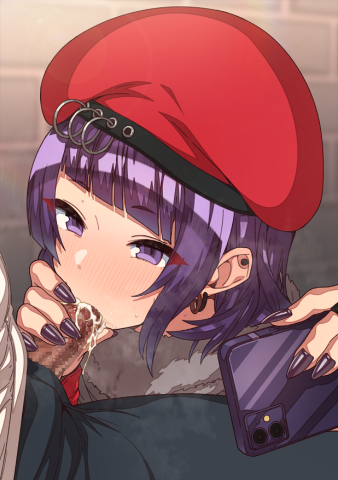 1boy, bangs, beret, cellphone, censored, cum, cum in mouth, diagonal bangs, erection, erere, eyebrows visible through hair, fellatio, female, half-closed eyes, hat, holding, holding phone, idolmaster, idolmaster shiny colors, long hair, male, mosaic censoring, oral, overflow, penis, penis grab, phone, purple eyes, purple hair, red headwear, smartphone, solo focus, straight, tanaka mamimi