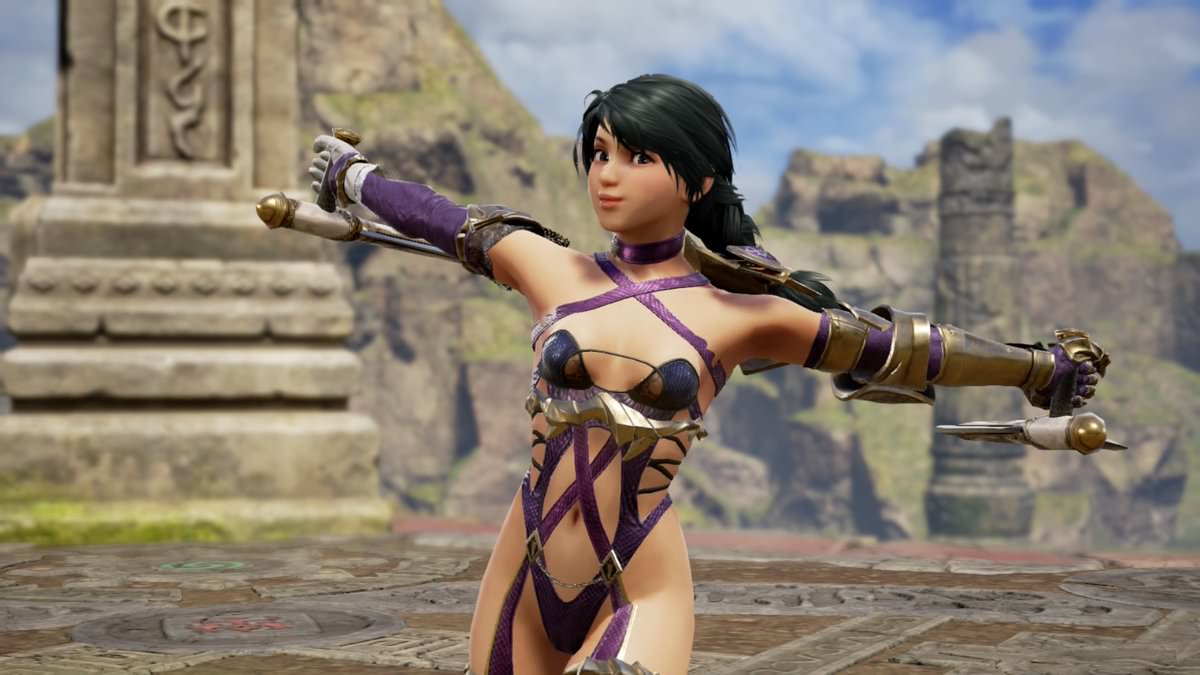 3d armpits black_hair breasts cleavage hazel_eyes isabella_valentine_(cosplay) navel small_breasts soul_calibur talim tonfa