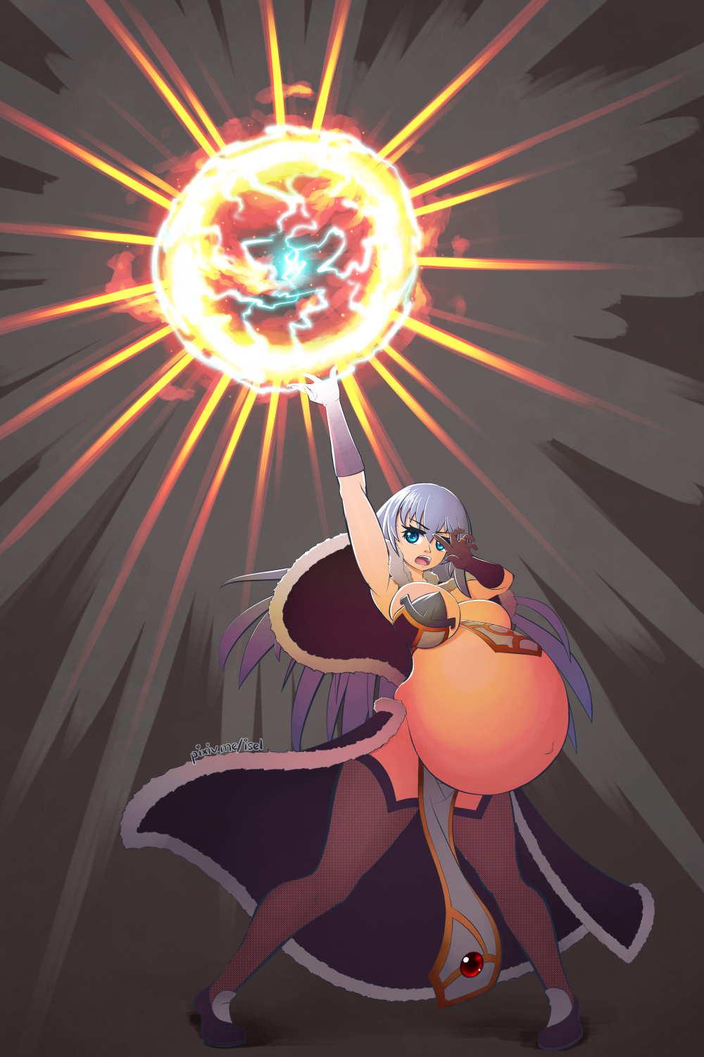 belly_bulge belly_button big_belly big_breasts blue_hair cape cleavage electricity female fighting_stance fire huge_belly icel isel jewelry mage oc pregnant skimpy_clothes spread_legs stockings tagme voluptuous