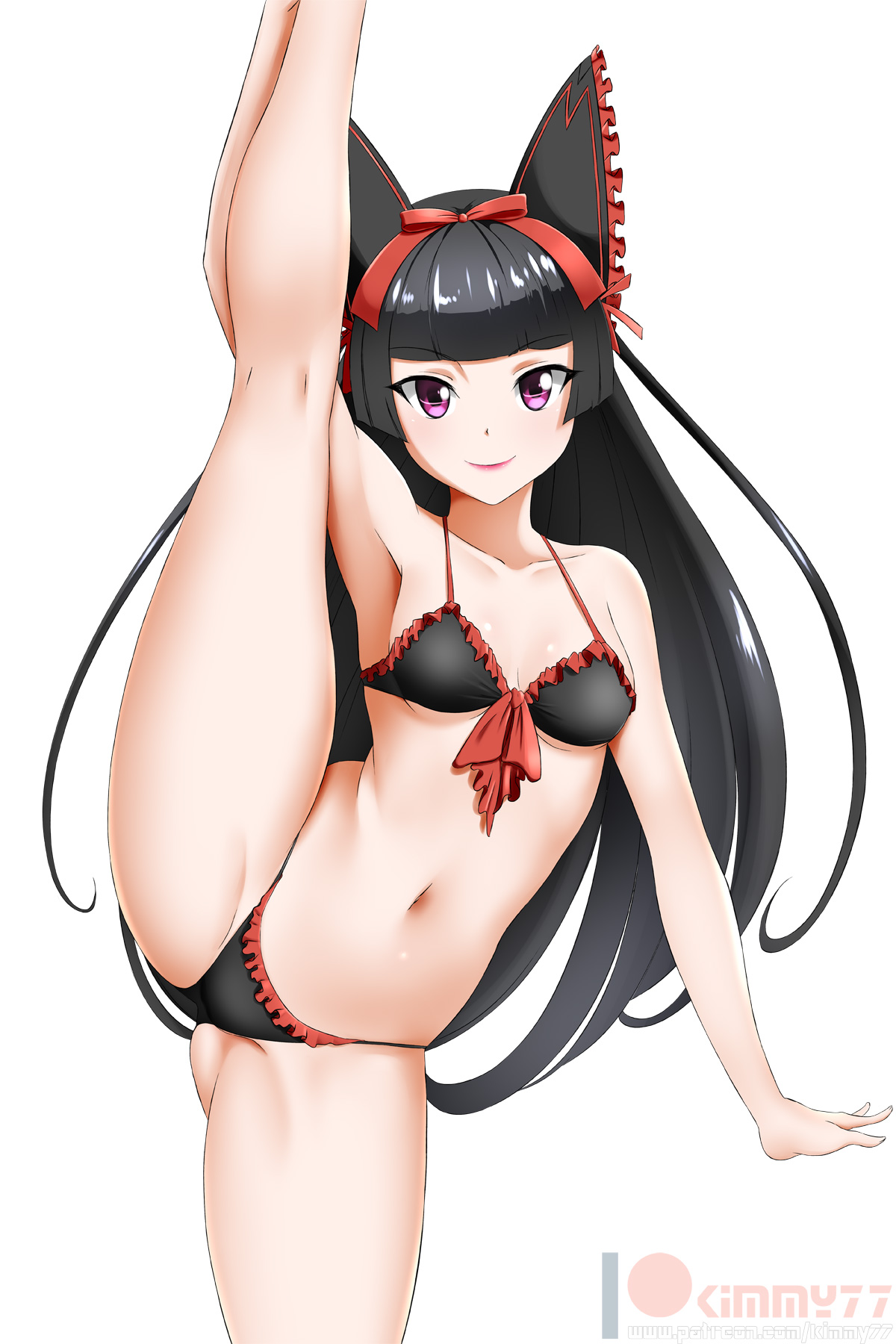 1girls, alternate version available, bikini, black hair, bowtie, breasts, eyebrows visible through hair, female, female only, gate - jieitai ka no chi nite kaku tatakaeri, hair ornament, hair ribbon, kimmy77, lace, leg up, long hair, looking at viewer, navel, petite, purple eyes, ribbon, rory mercury, small breasts, smile, tagme, white background