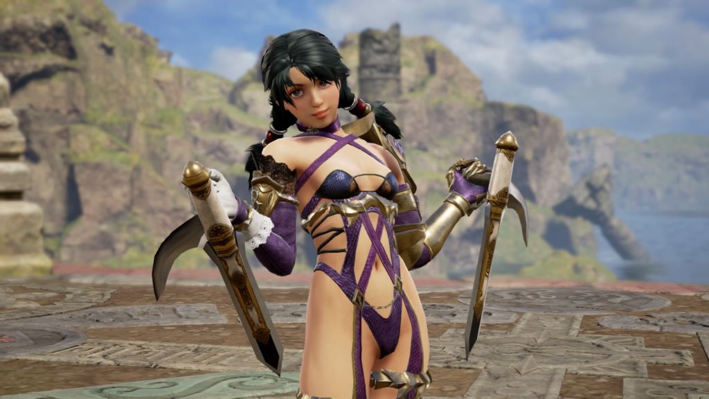 3d cleavage hazel_eyes isabella_valentine_(cosplay) navel small_breasts soul_calibur talim tonfa