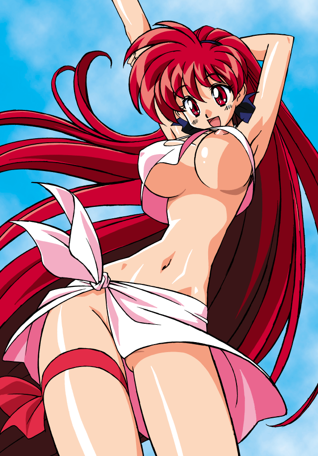 00s 1girls :d akira_(viper) arm_grab armpits arms_up ass_visible_through_thighs bow breasts clothing crop_top erect_nipples erect_nipples_under_clothes eyebrows_visible_through_hair female female_only hair_ribbon kimura_takahiro large_breasts legwear long_hair long_ponytail matching_hair/eyes midriff navel nipple_bulge nipples official_art open_mouth outdoors red_eyes red_hair ribbon sarong skirt sky smile sogna solo standing tank_top thick_thighs thigh_ribbon thigh_strap thighs thin_waist tied_hair tongue underboob very_long_hair viper_(series) viper_gtb