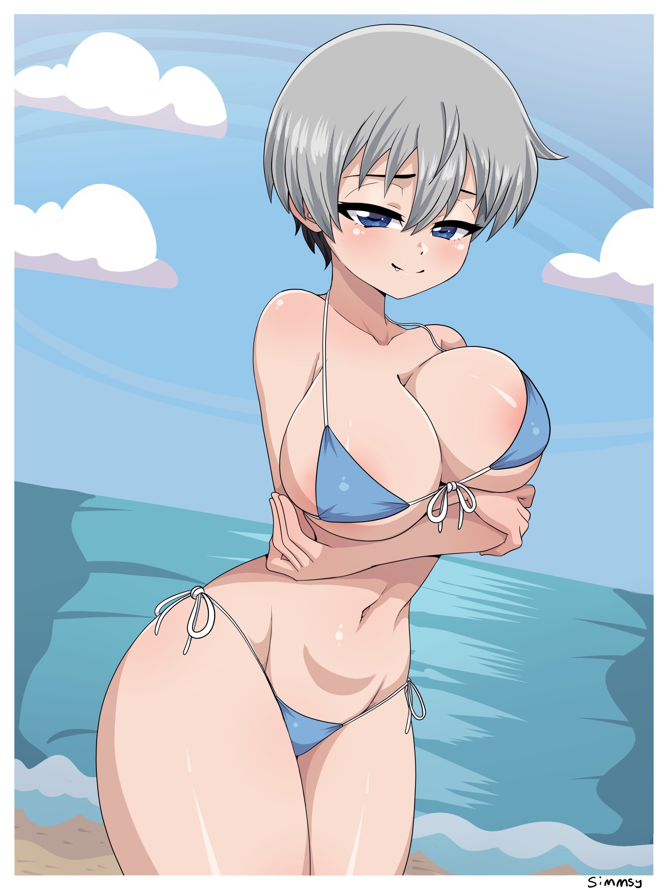 1girls, areolae, beach, big breasts, bikini, breast hold, breasts, cleavage, female, female only, large breasts, looking at viewer, side-tie bikini, simmsy, solo, thick thighs, uzaki hana, uzaki-chan wa asobitai!, wide hips