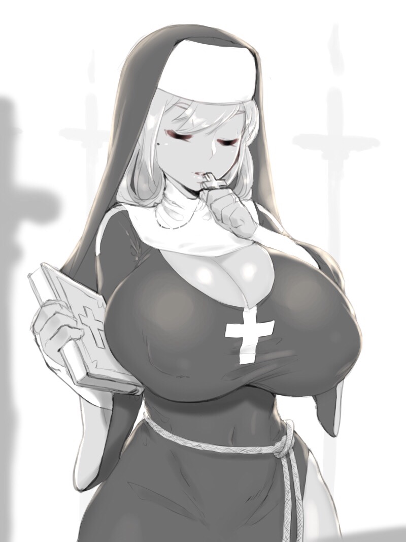 backlighting bible book breasts christianity cleavage commentary cross cross_necklace english_commentary female greyscale habit huge_breasts impossible_clothes jewelry magister_(bigbakunyuu) medium_hair mole mole_under_eye monochrome necklace nun original rope_around_waist side_slit solo taut_clothes wide_hips