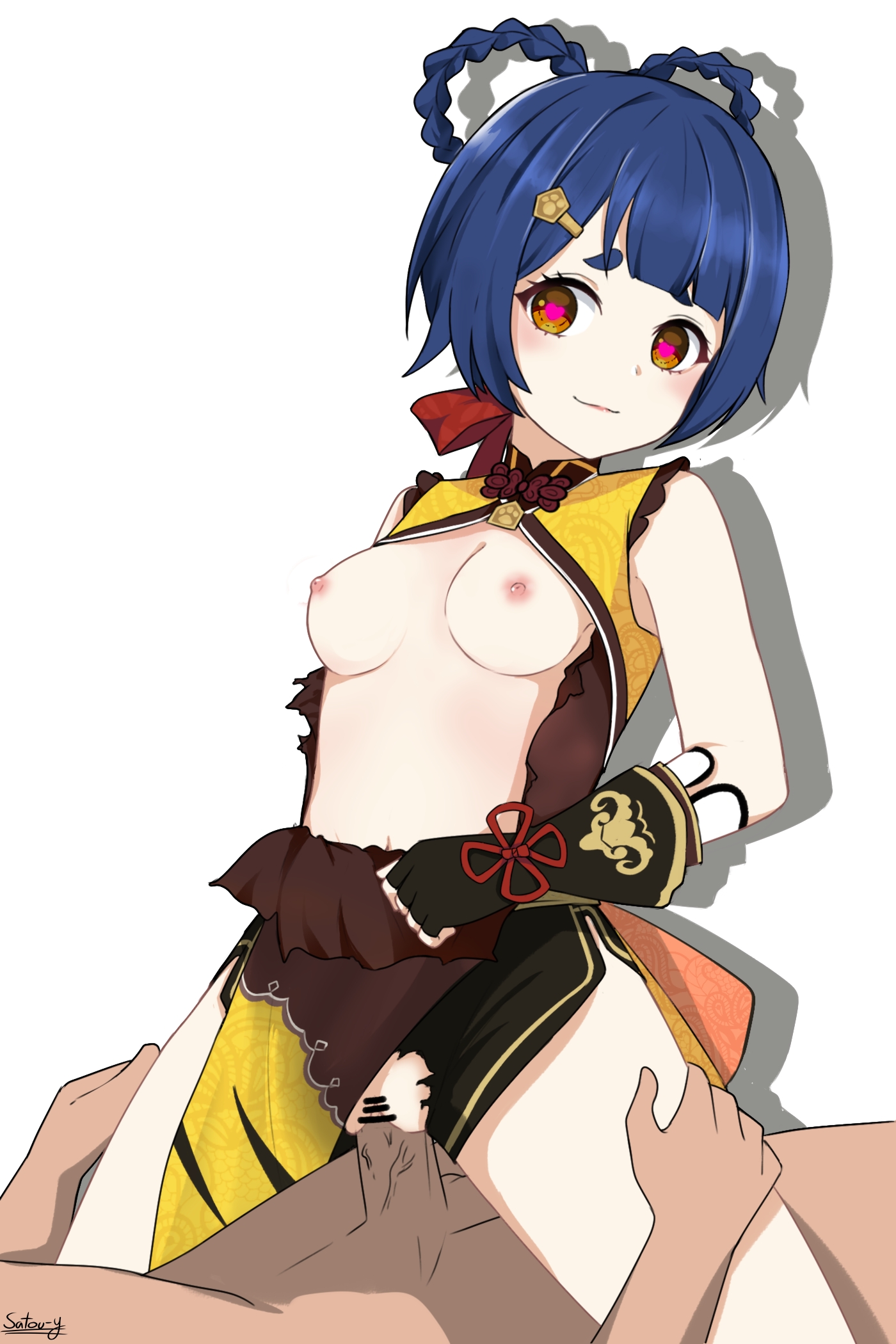1boy, areolae, blue hair, blush, breasts, censor bar, censored, cowgirl position, exposed breasts, female, genshin impact, hair ornament, hairclip, hands on hips, handwear, happy, happy sex, heart-shaped pupils, male, medium breasts, navel, nipples, orange eyes, partially clothed, penis, pussy, sex, short hair, small breasts, smile, straight, thighs, vaginal penetration, veiny penis, xiangling (genshin impact)