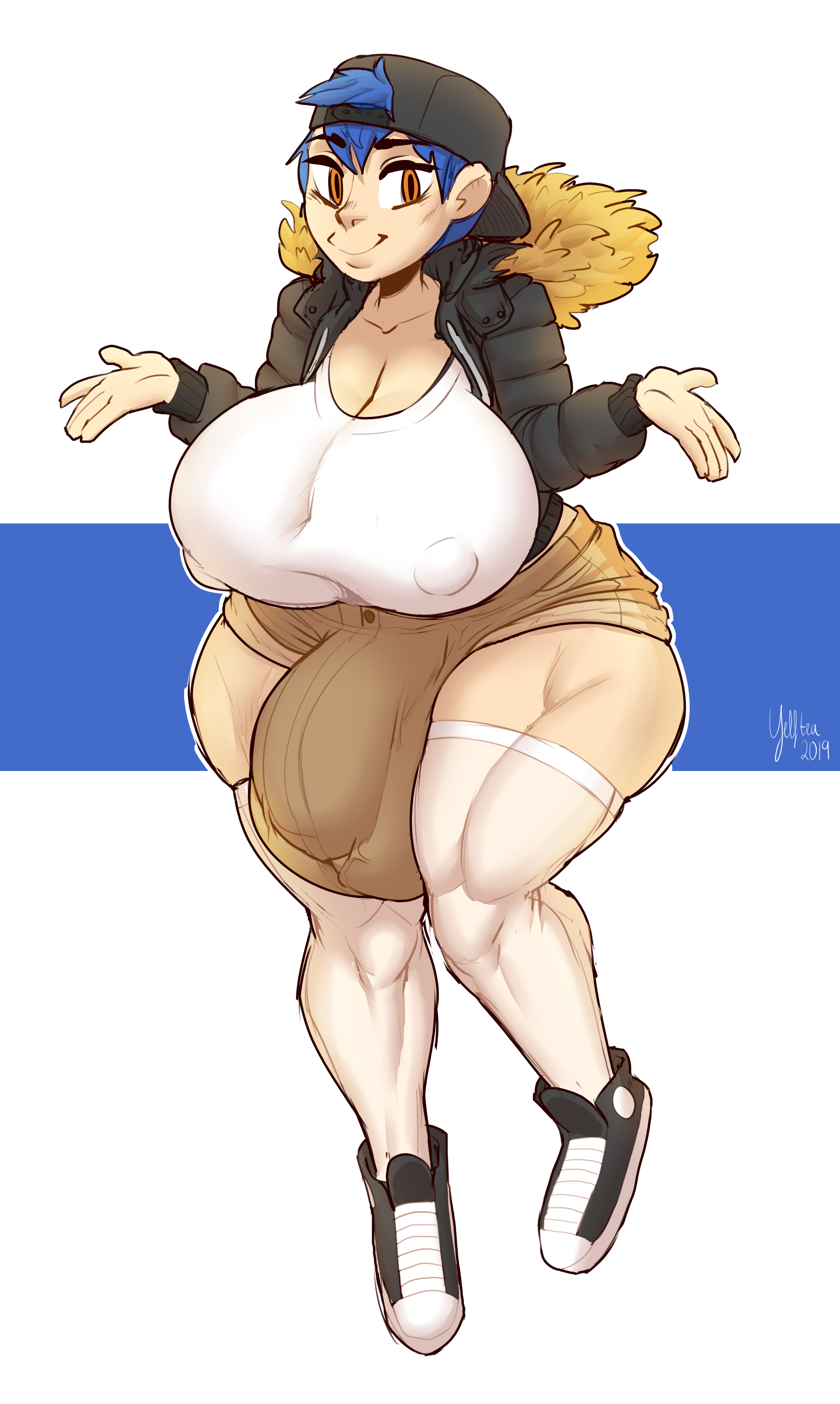 1futa, balls, big balls, big breasts, big penis, blue hair, breasts, brown eyes, bulge, clothed, clothing, flaccid, flaccid penis, full body, fully clothed, futa only, futanari, hourglass figure, huge balls, huge breasts, huge cock, human, hyper, hyper balls, hyper penis, intersex, jacket, looking at viewer, nipple bulge, pale skin, penis, penis bulge, short hair, shorts, solo, solo futa, standing, thick, thick penis, thick thighs, thighhighs, tight clothing, wide hips, yelftea