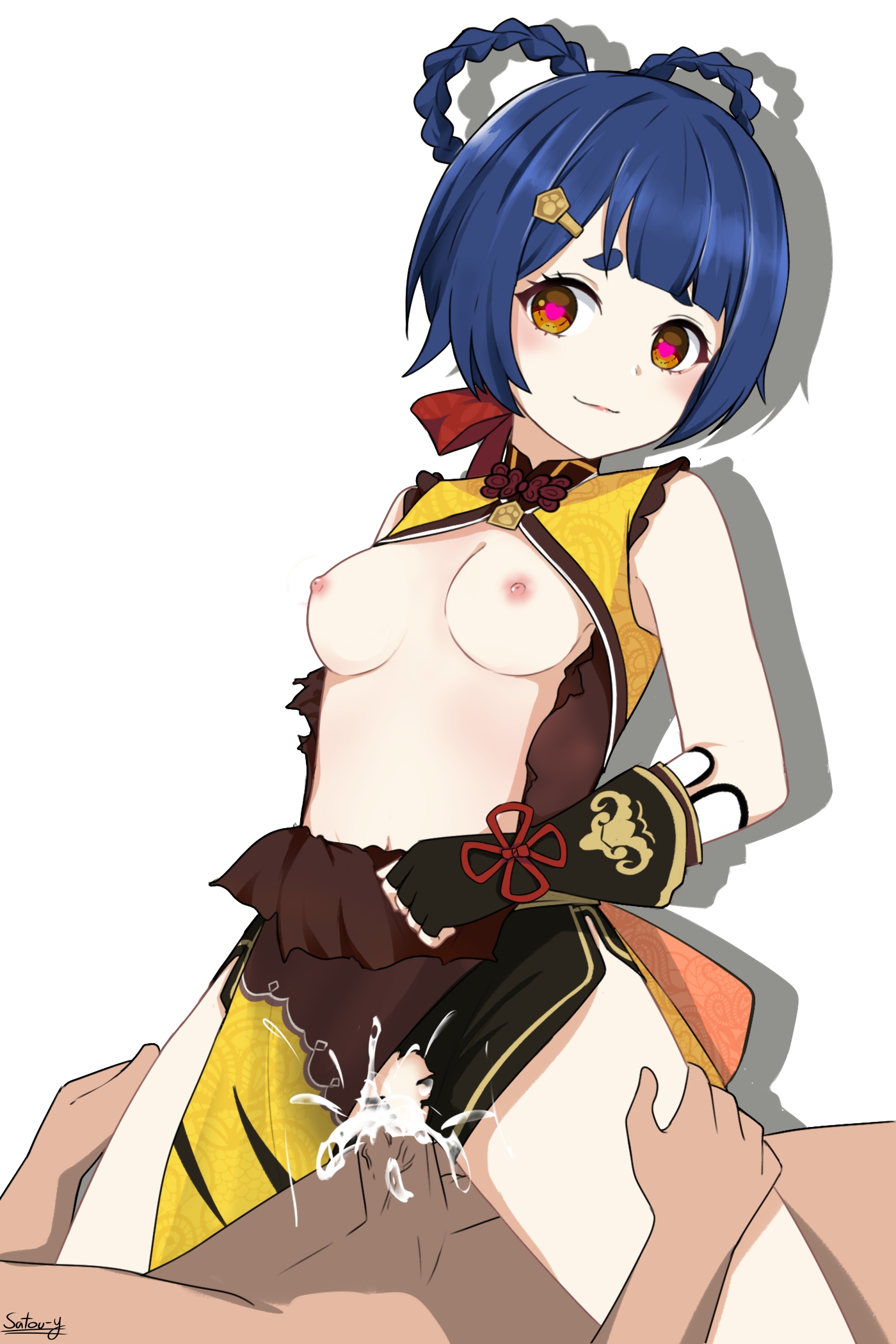 1boy, after sex, areolae, blue hair, blush, breasts, censor bar, censored, cowgirl position, cum, cum drip, cum in pussy, cum inside, cum while penetrated, ejaculation, exposed breasts, female, genshin impact, hair ornament, hairclip, hands on hips, handwear, happy, happy sex, heart-shaped pupils, internal cumshot, male, medium breasts, navel, nipples, orange eyes, partially clothed, penis, pussy, sex, short hair, small breasts, smile, straight, thighs, vaginal penetration, veiny penis, xiangling (genshin impact)
