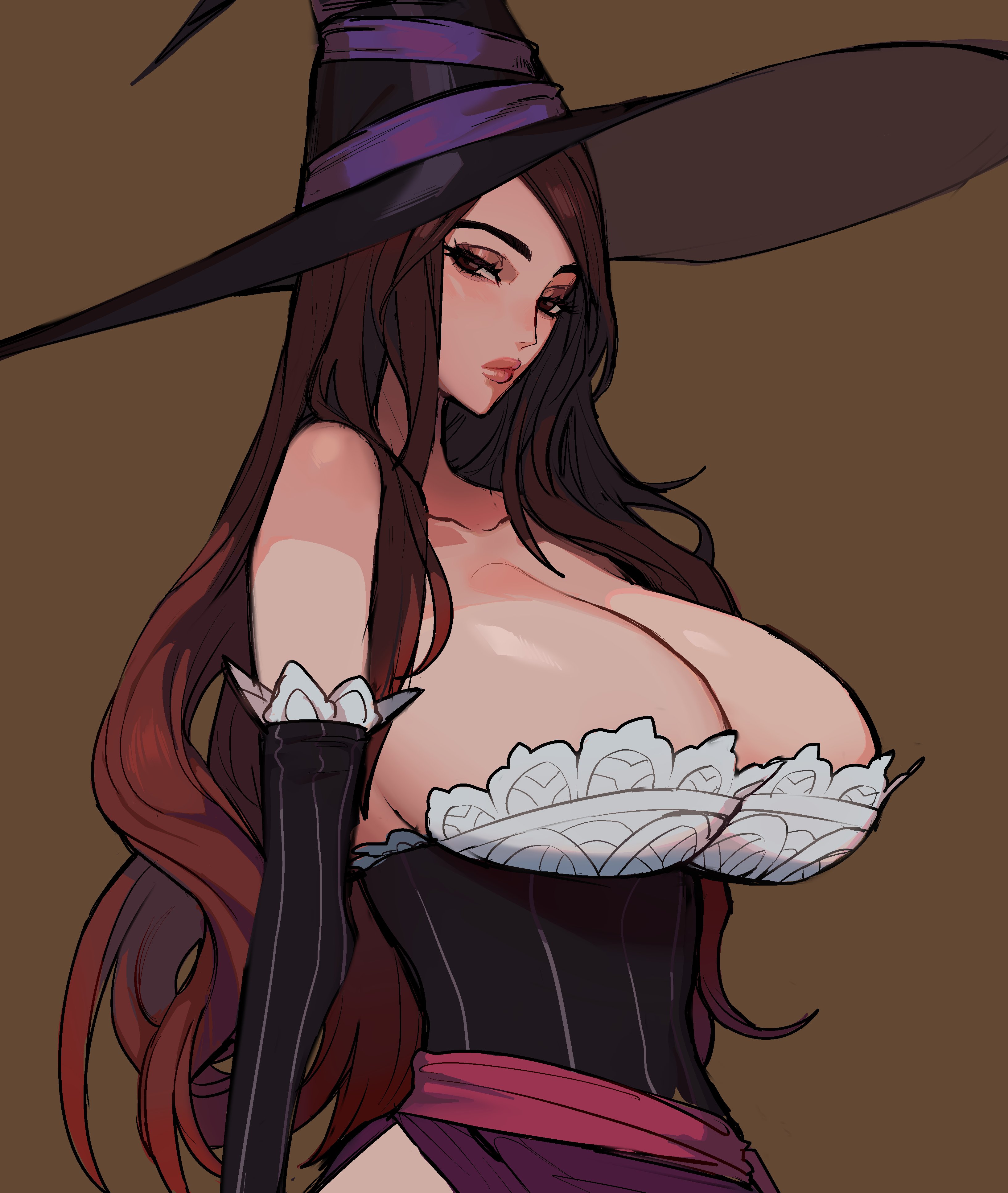 1girls, absurd res, armwear, bare shoulders, big breasts, breasts, brown background, brown eyes, brown hair, cleavage, clothed, clothing, dragon's crown, ennuigrl, female, female only, huge breasts, long hair, looking at viewer, narrowed eyes, side view, solo, solo female, sorceress (dragon's crown), thin waist, upper body, voluptuous, witch hat