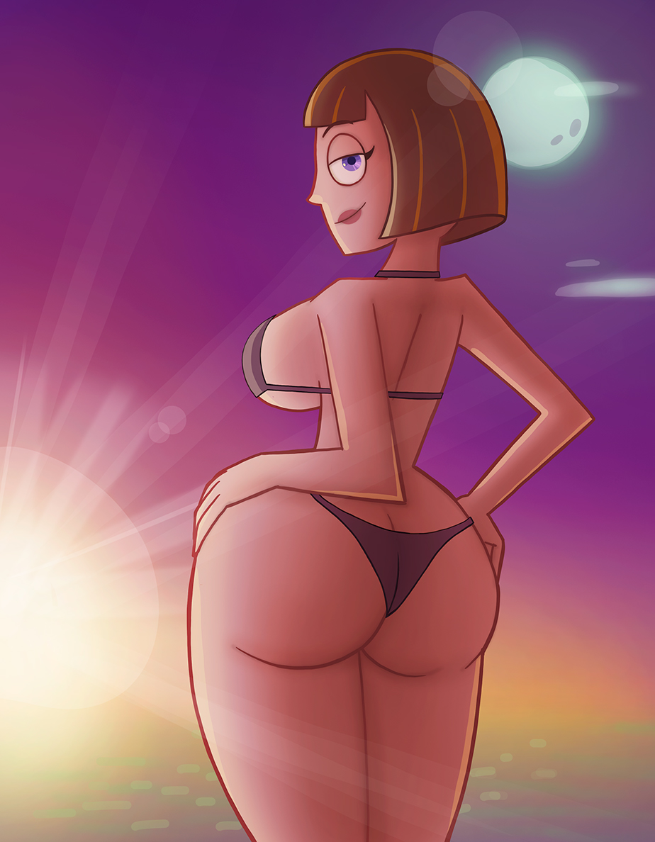 ass ass_cleavage ass_focus beach big_ass big_breasts big_butt bikini black_bikini brown_hair butt_crack danny_phantom female female_focus female_only huge_ass huge_breasts looking_at_viewer madeline_fenton mature_female mature_woman milf moon mother nickelodeon purple_eyes saf-404 saf_404 safartwoks safartworks seductive seductive_smile short_hair sunset