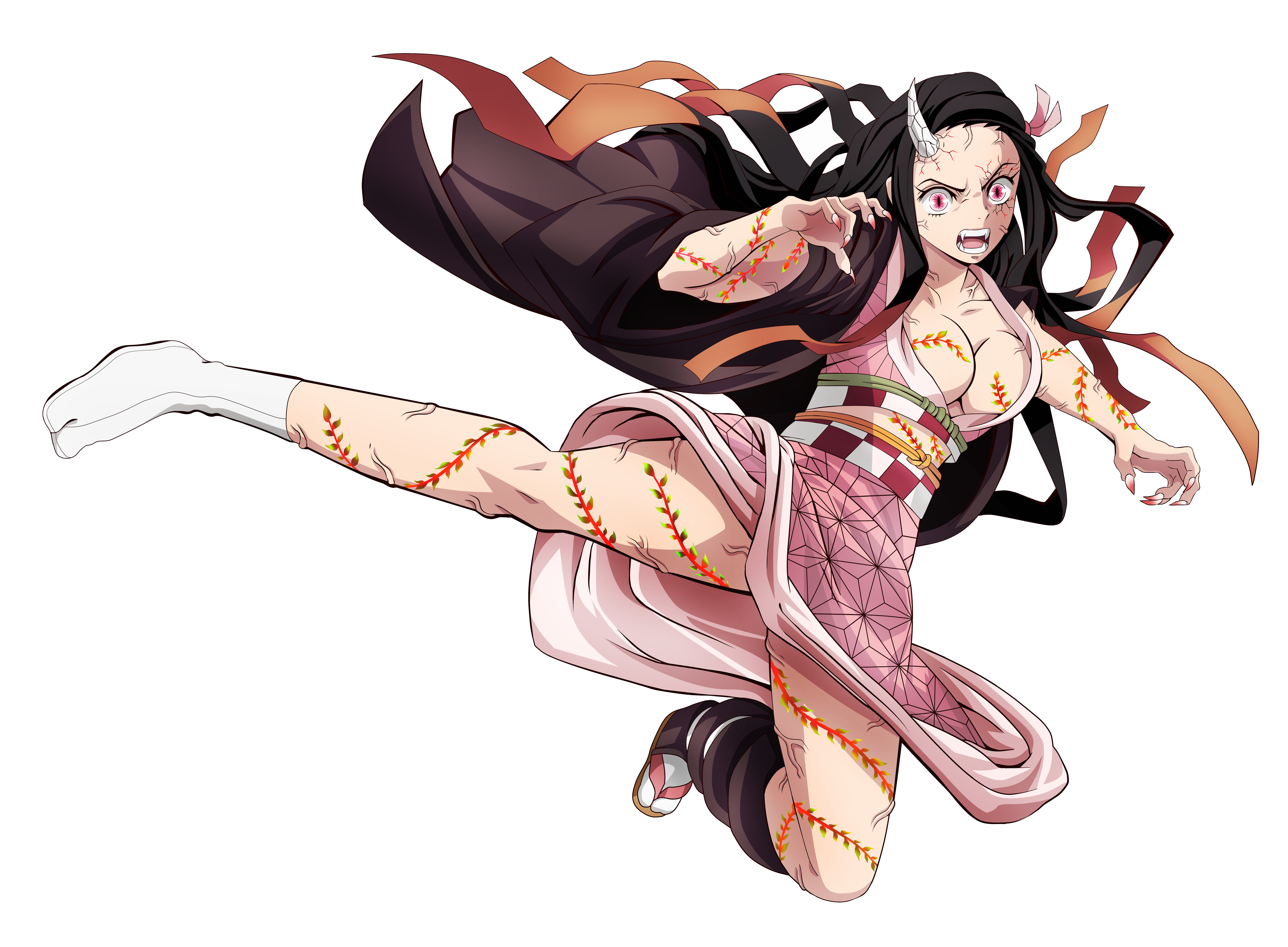 1girls, black hair, black-haired female, body markings, breasts, cleavage, demon, demon girl, demon horns, demon slayer, fangs, female, haori, horn, japanese clothes, kamado nezuko, kicking, kimetsu no yaiba, kimono, nezuko (demon form), obi, sandals, solo, tabi, veins