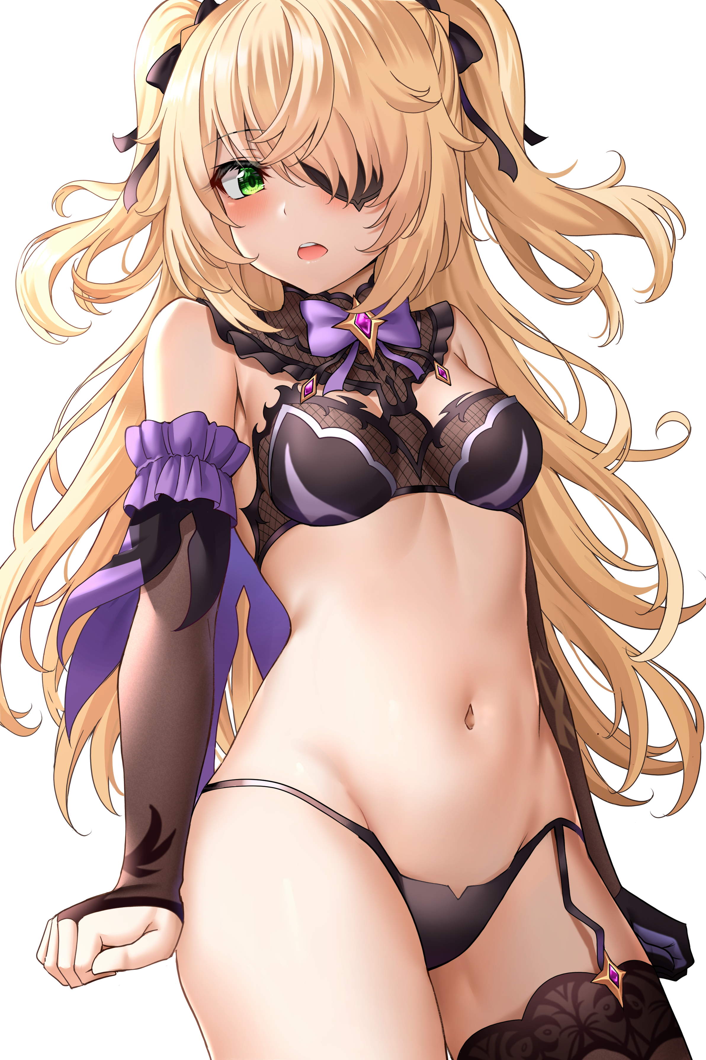 blonde hair, bra, breasts, eyepatch, female, female only, fischl (genshin impact), genshin impact, green eyes, hair, highres, navel, panties, small breasts, stomach, sunhyun, underwear