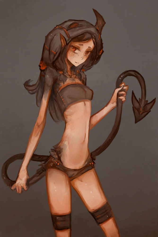 accessory avy_(syvaron) black_hair breasts broken_horn brown_eyes cameltoe clothed clothing demon female hair hair_accessory hair_tie holding_tail horn humanoid humanoid_pointy_ears long_hair looking_at_viewer navel panties rough_sketch skimpy small_breasts small_waist smile solo spade_tail syvaron underwear