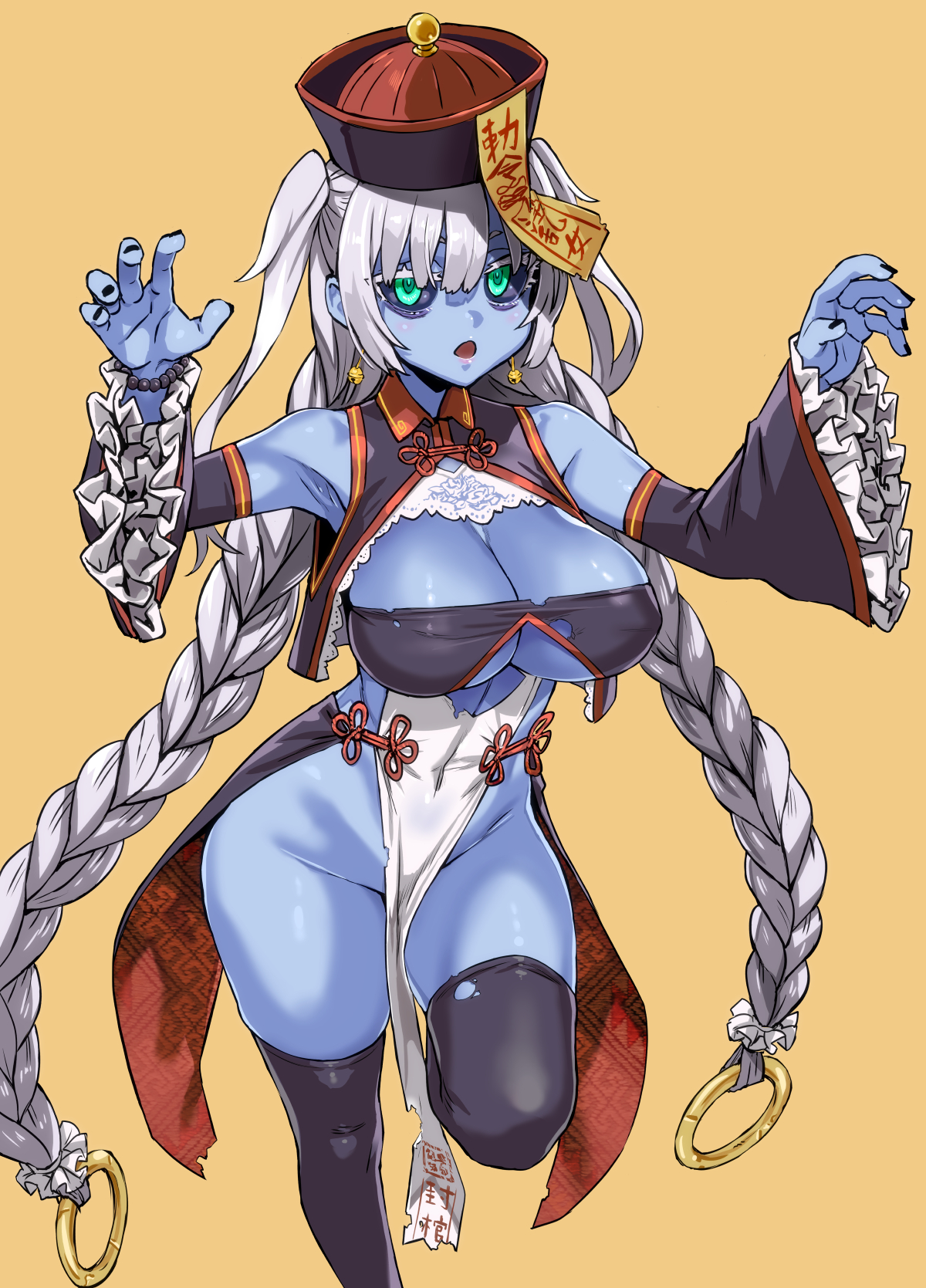 1girls, asanagi, big breasts, black sclera, blue skin, breasts, curvy, female, female only, ghost girl, green eyes, jiangshi, looking at viewer, no panties, open mouth, silver hair, simple background, solo, thick thighs, thighhighs, twin braids