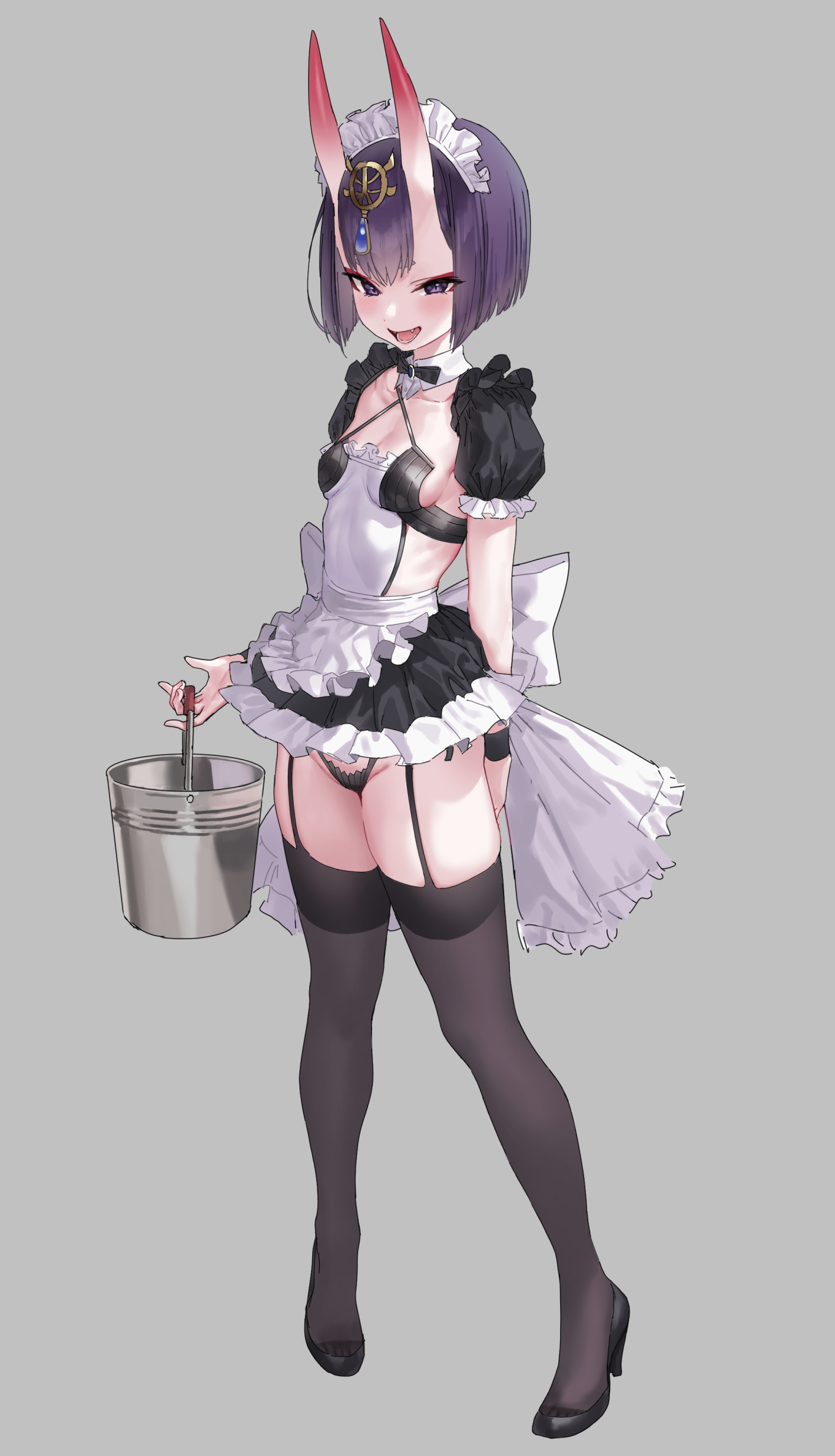 1girls, bob cut, breasts, bucket, fate (series), fate/grand order, female, female only, forehead jewel, garter belt, grey background, heels, highres, holding, holding object, light blush, looking at viewer, maid, maid headdress, maid uniform, makeup, medium hair, mx2j (nsh6394), oni, oni horns, purple eyes, purple hair, shuten douji (fate), side-tie panties, slim female, small breasts, smile, solo, thighhighs, wristband