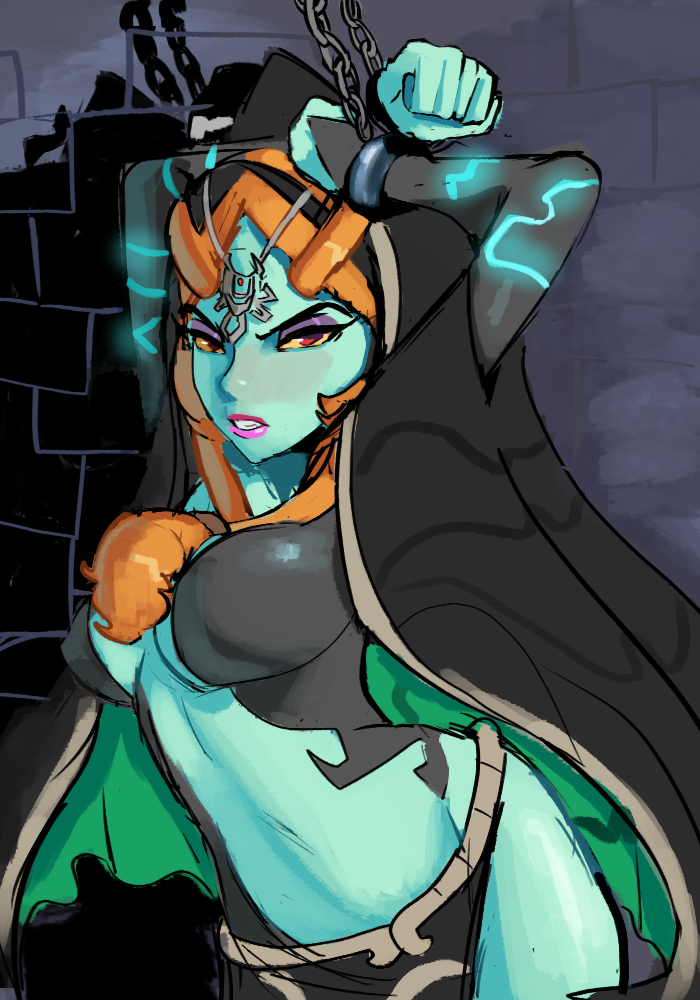 1girls blue_skin body_markings breasts cloak eyeshadow female female_only half-closed_eyes handcuffs jewelry justdavefnd midna nintendo orange_hair red_eyes the_legend_of_zelda tied_hair tied_up twili_midna twilight_princess two_tone_body wide_hips yellow_sclera