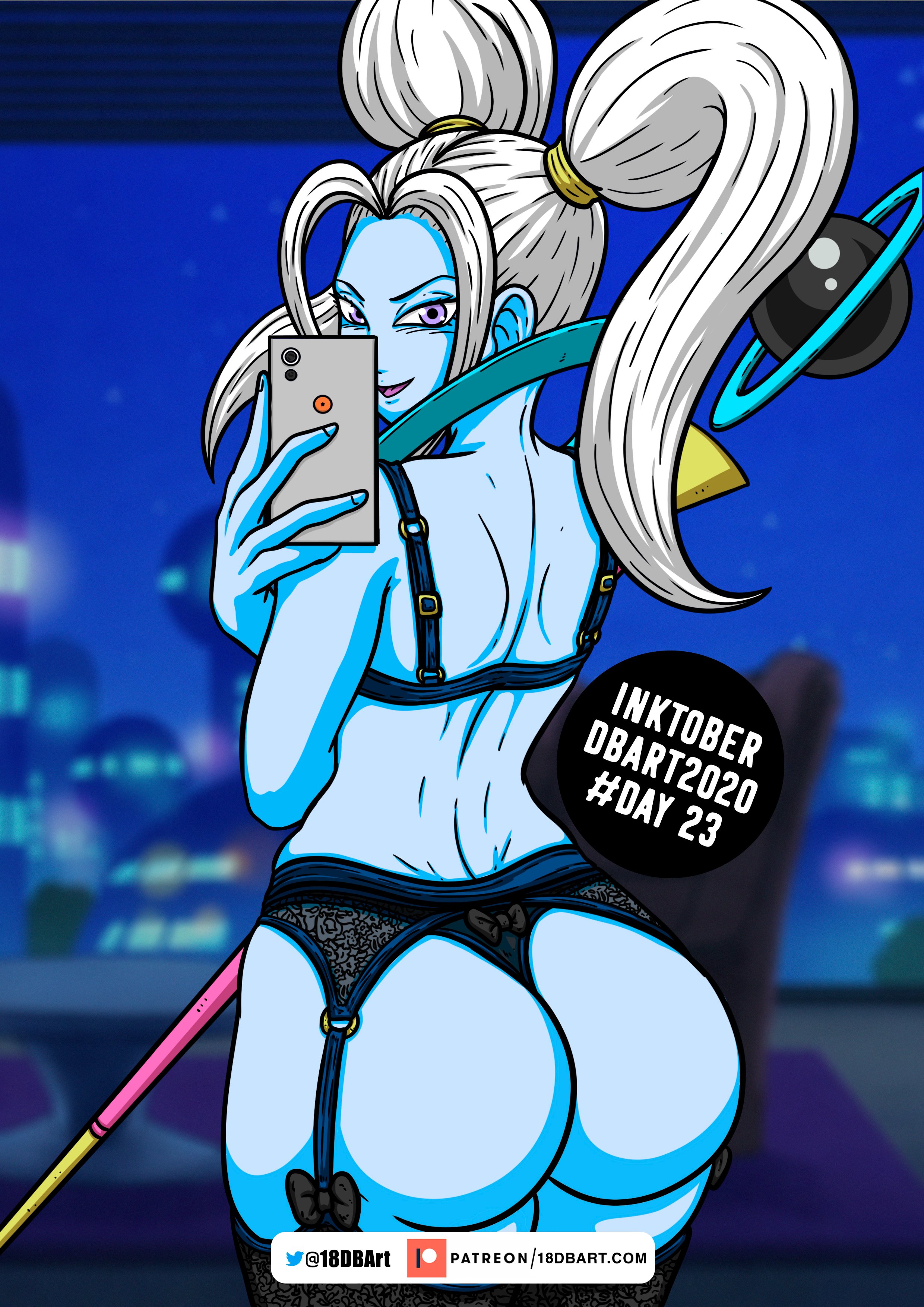 1girls, 2020, angel, angel (dragon ball), ass, ass focus, back view, big ass, black lingerie, blue skin, cellphone, city, curvaceous, curvy, dbart+18, dragon ball, dragon ball super, female, female focus, female only, garter belt, garter straps, huge ass, inktober, large ass, lingerie, looking at viewer, marcarita, night, phone, pigtails, purple eyes, selfie, smile, solo, solo female, solo focus, staff, stockings, thick thighs, thighs, twintails, white hair