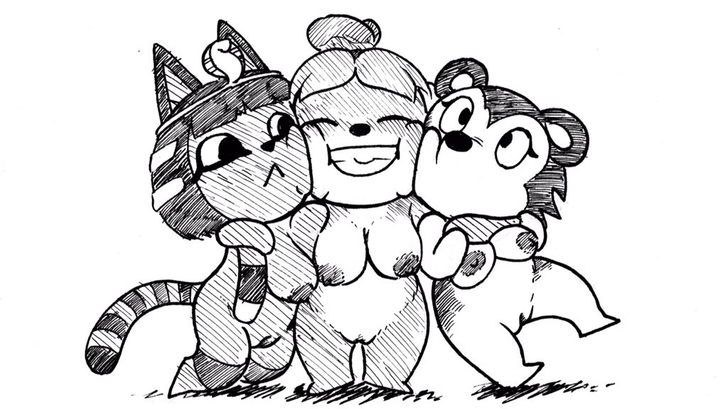 16:9 2020 alternate_breast_size animal_crossing ankha anthro black_and_white breasts canid canine canis closed_eyes clothing domestic_dog egyptian_clothing egyptian_headdress egyptian_mythology eulipotyphlan felid feline female genitals group group_hug hair happy hedgehog hug isabelle_(animal_crossing) lazzzy_drawings long_tail mammal middle_eastern_mythology monochrome mythology nintendo nipples nude pussy sable_able simple_background sketch striped_tail stripes toony video_games widescreen