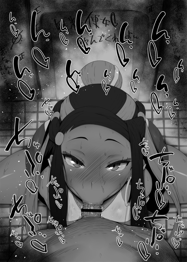 :>=, 1boy, 1girls, bar censor, big penis, black and white, blush, censored, dark skin, dark-skinned female, dark-skinned male, deep blowjob, deepthroat, deepthroat mark, detailed background, drooling, eye contact, eyelashes, eyeshadow, fellatio, female, glasses, hair bun, hair ornament, hands-free, heart, human, indoor, inside, kurotama, long hair, looking at viewer, male, male pov, nessa (pokemon), oral, oral sex, penis, pokemon, pokemon ss, ponytail, pov, room, saliva, saliva trail, shiny, shiny skin, sketch, sound effects, squatting, sweat, sweater, text, throat fuck, tied hair, vein, veins, veiny, veiny penis, video game, video games
