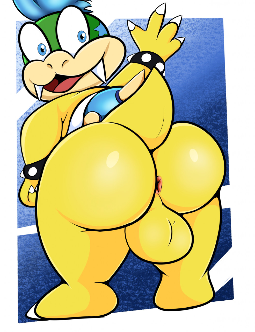 anthro ass balls big_balls big_butt blue_eyes blue_hair genitals hair hi_res koopa koopaling larry_koopa male male_only mario_(series) nintendo scalie solo tepigfan101 video_games